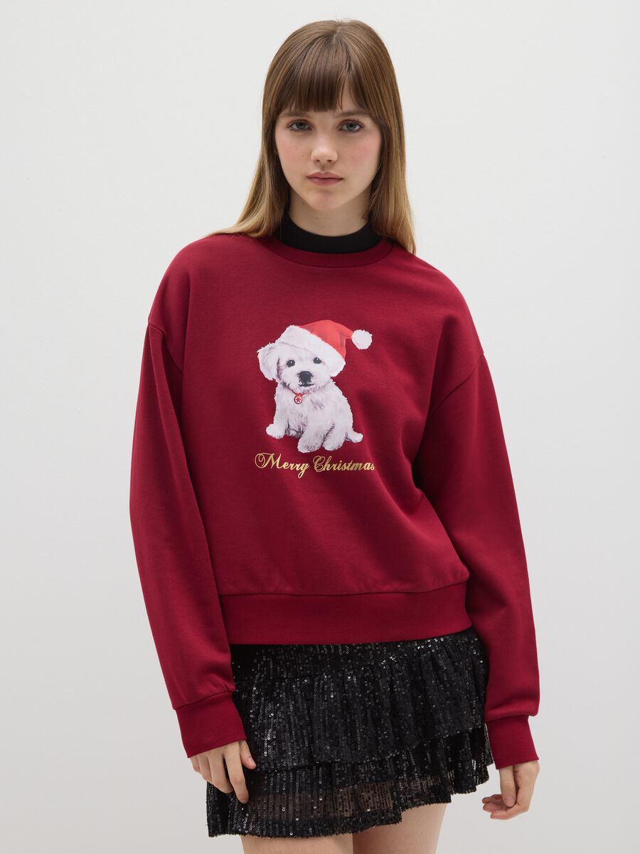 Red cotton blend regular fit sweatshirt with Christmas print_0