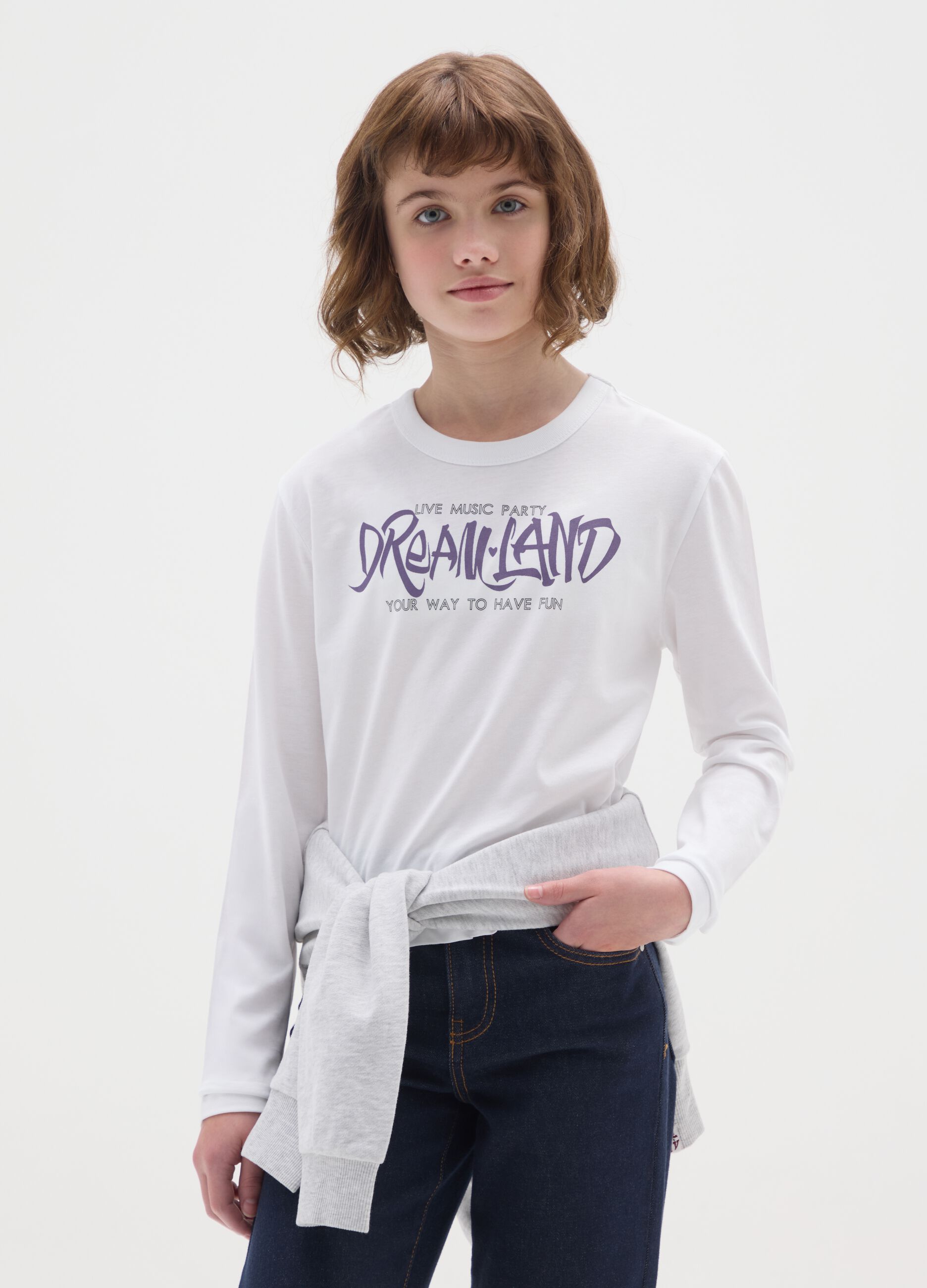 Girls' pure cotton white regular fit T-shirt with print