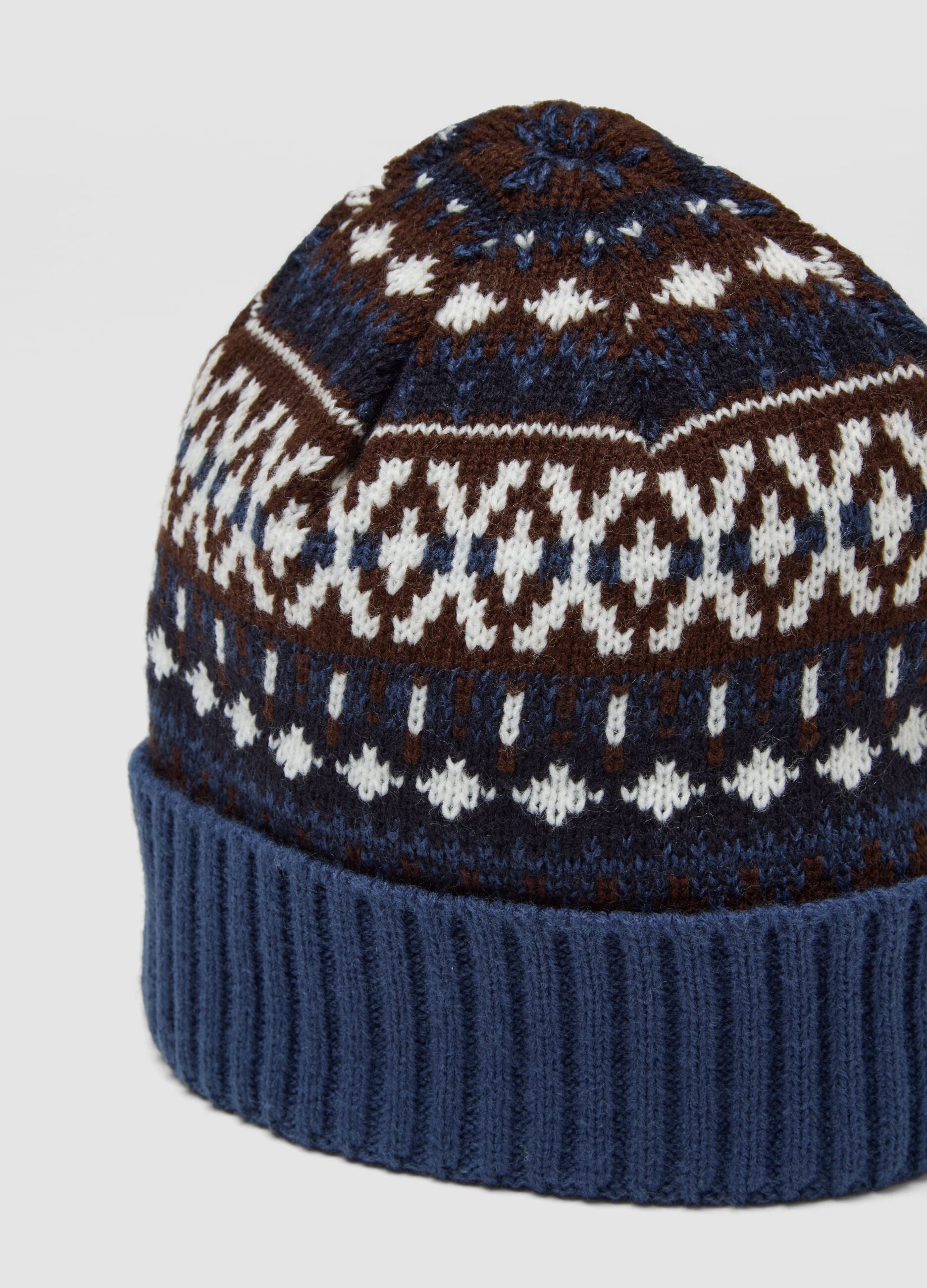 Berretto blu navy in maglia jacquard con risvolto