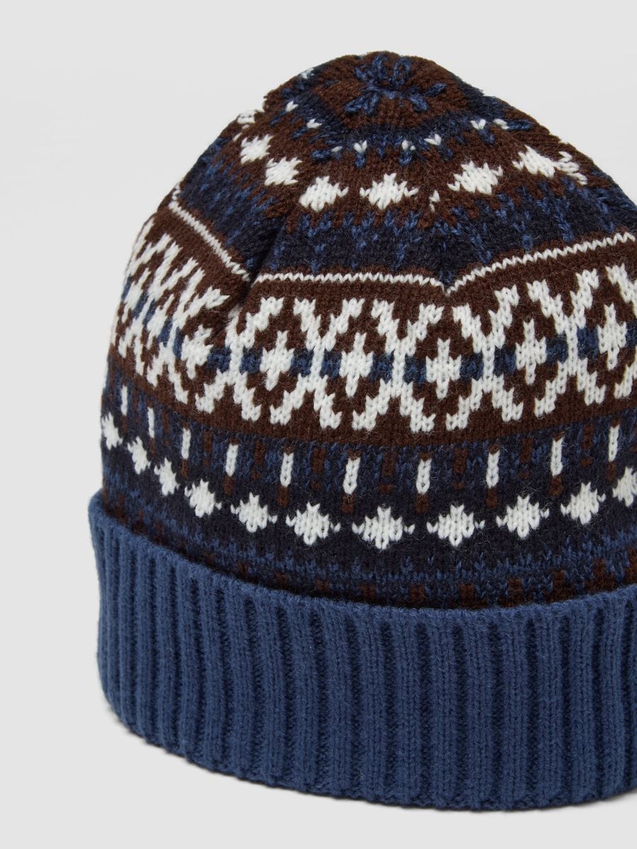 Berretto blu navy in maglia jacquard con risvolto_2
