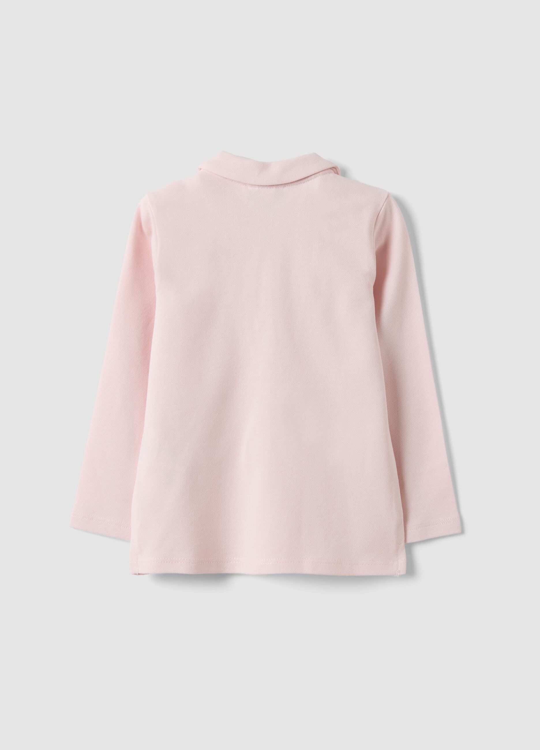 Pink stretch organic cotton polo shirt with ruffle details for baby girl