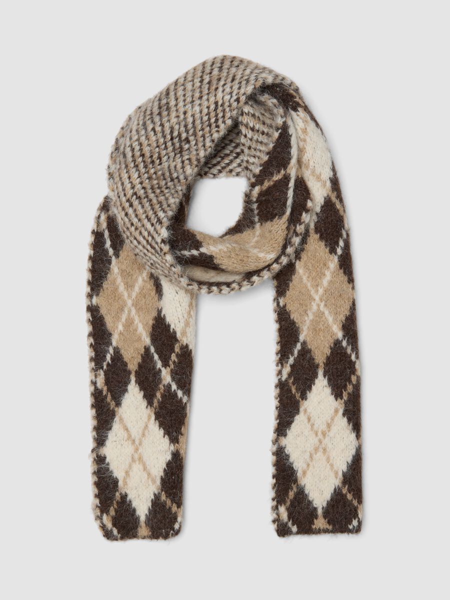 Beige stretch wool scarf with diamond pattern_0