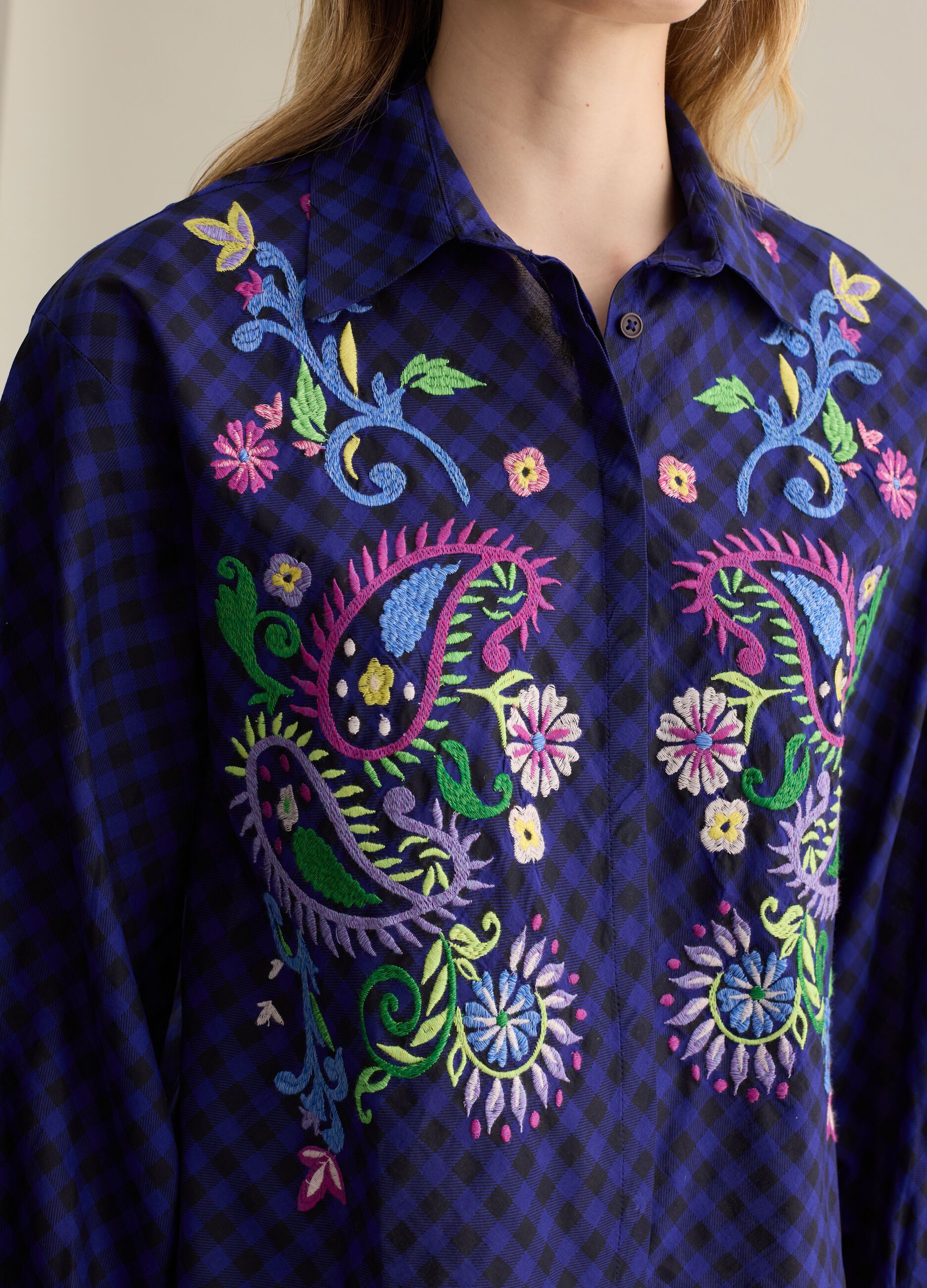 Check shirt with paisley embroidery