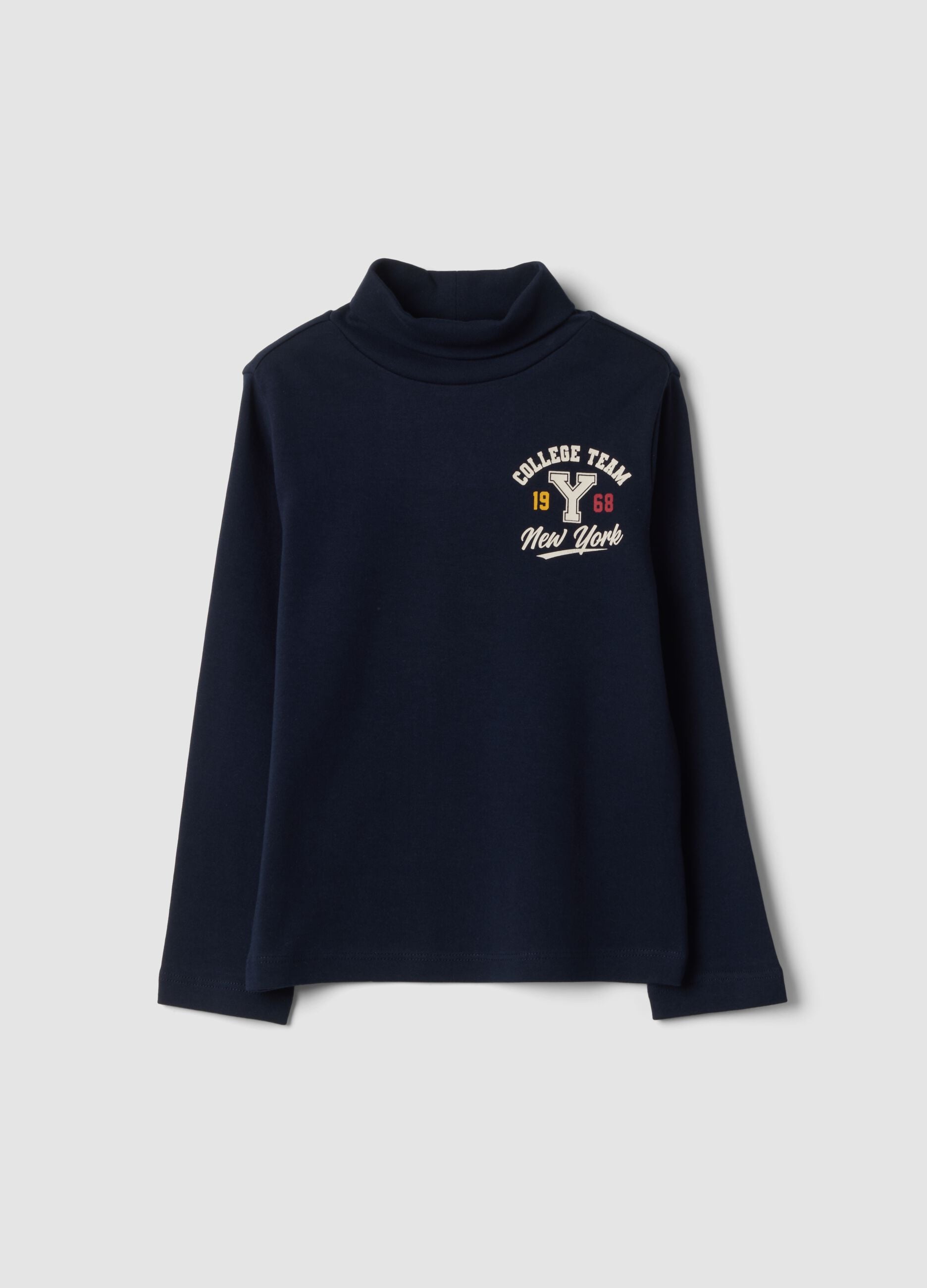 Blue roll-neck T-shirt in pure organic cotton