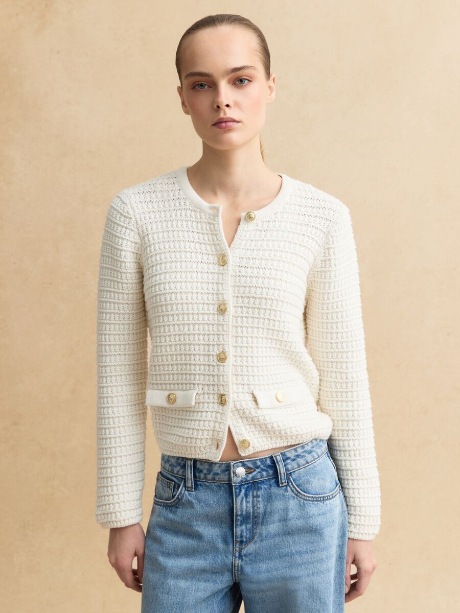 White pure cotton regular fit cardigan with buttons and pockets_0