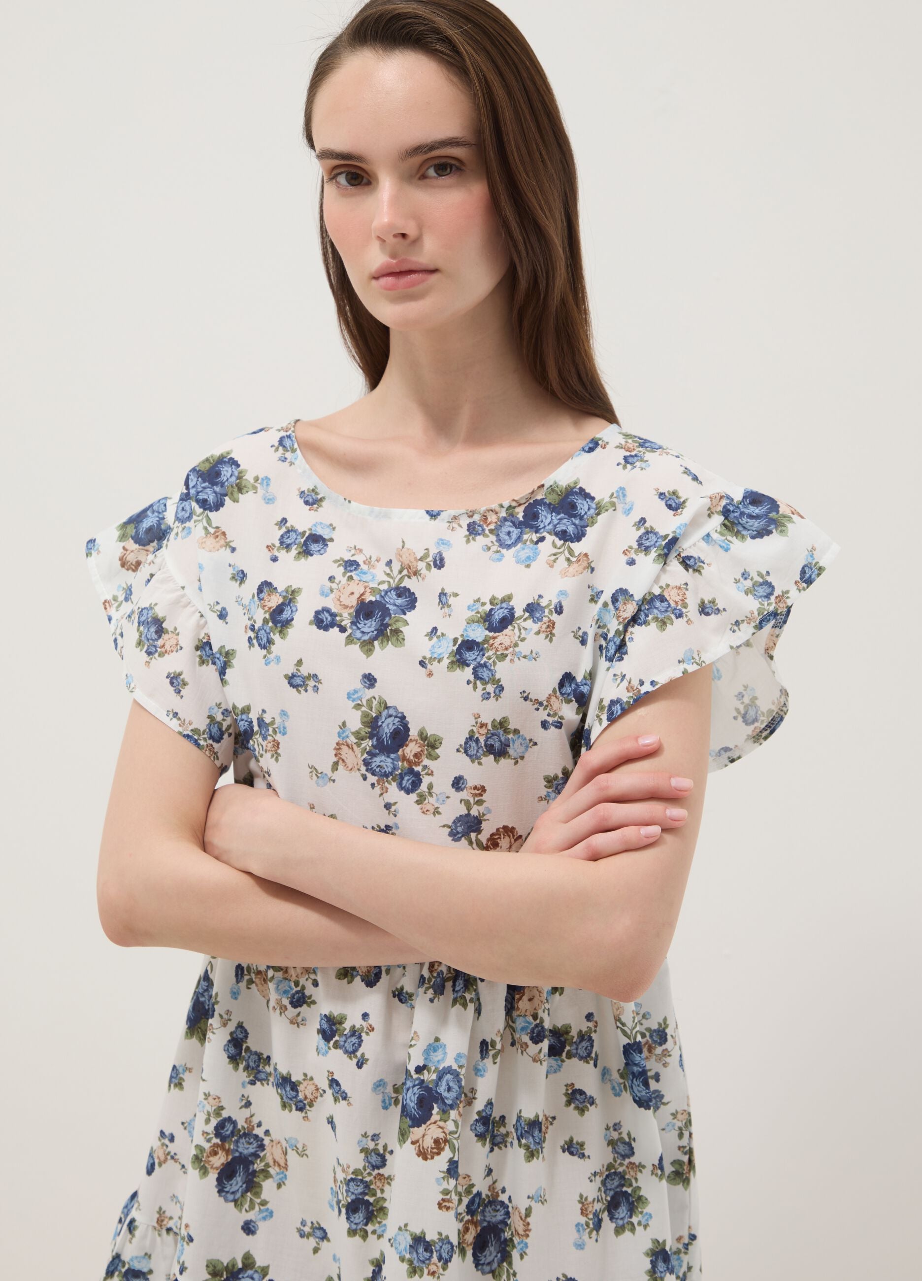 White pure cotton floral dress with ruffle sleeves