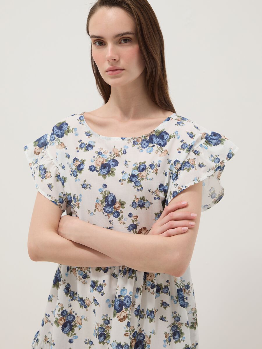 White pure cotton floral dress with ruffle sleeves_2