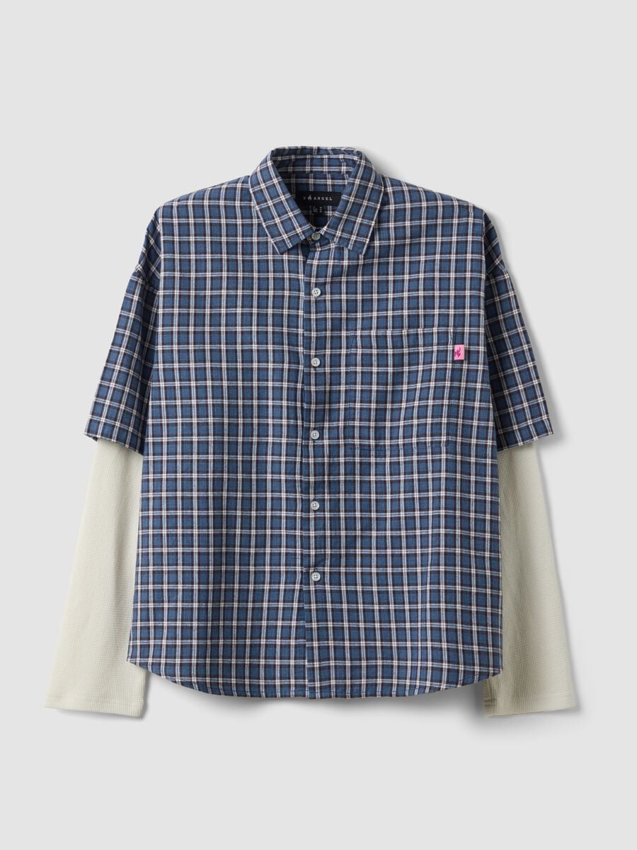 Camicia cropped blu a quadri in puro cotone con maniche doppie over fit_4