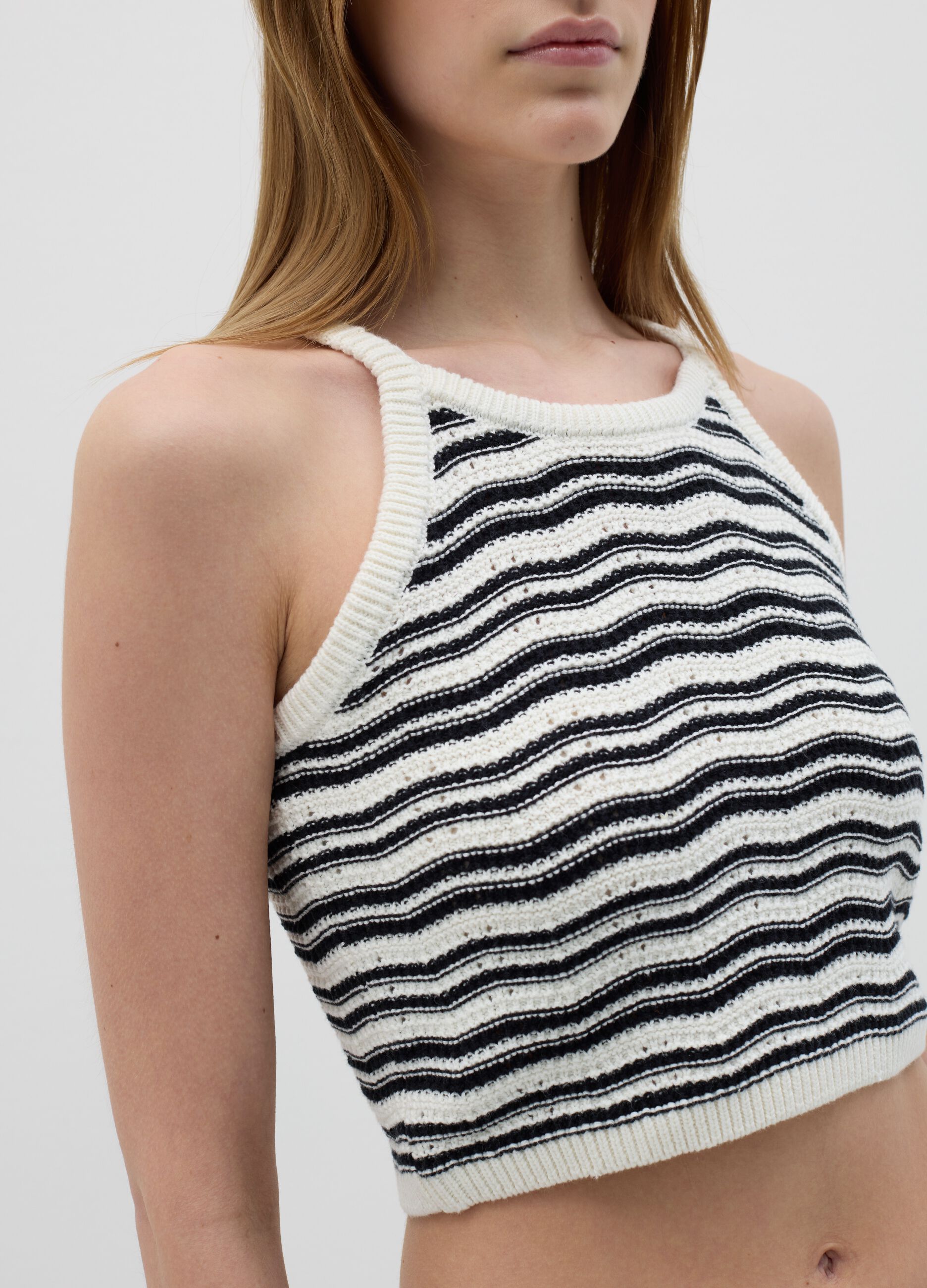 White and black striped cotton knit cropped top