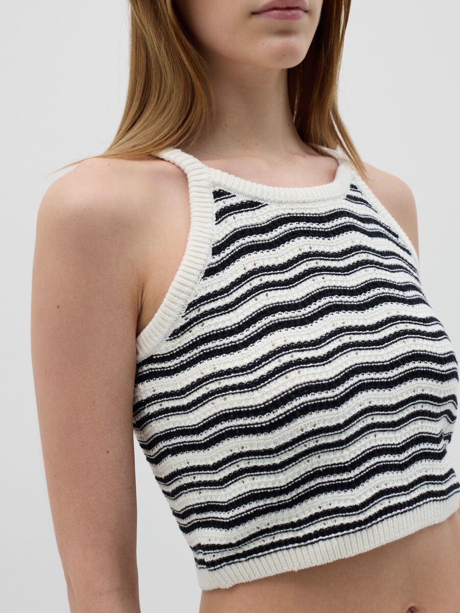 White and black striped cotton knit cropped top_2
