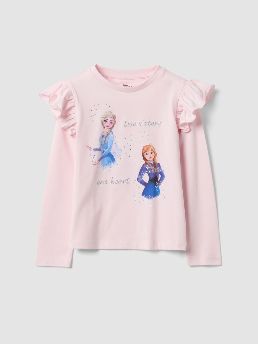 Girls&rsquo; pink stretch cotton T-shirt with ruffles and Frozen print_0