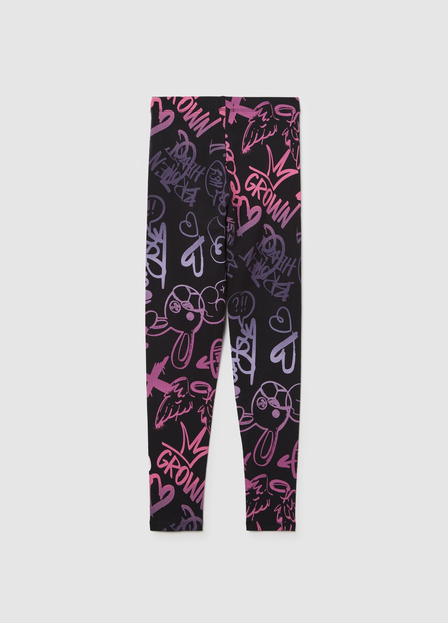 Stretch cotton leggings with graffiti print