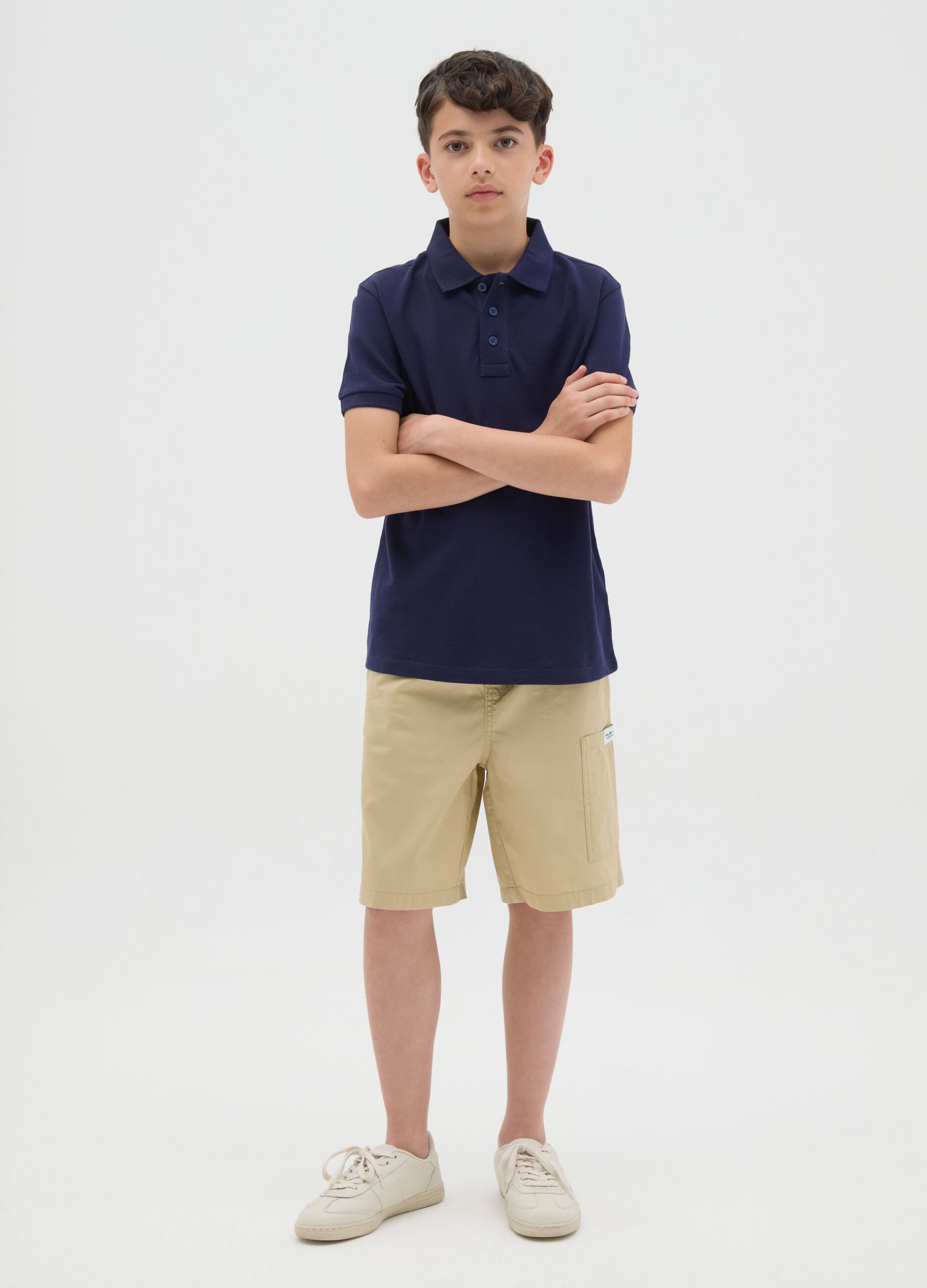 Shorts da ragazzo in puro cotone beige regular fit con coulisse