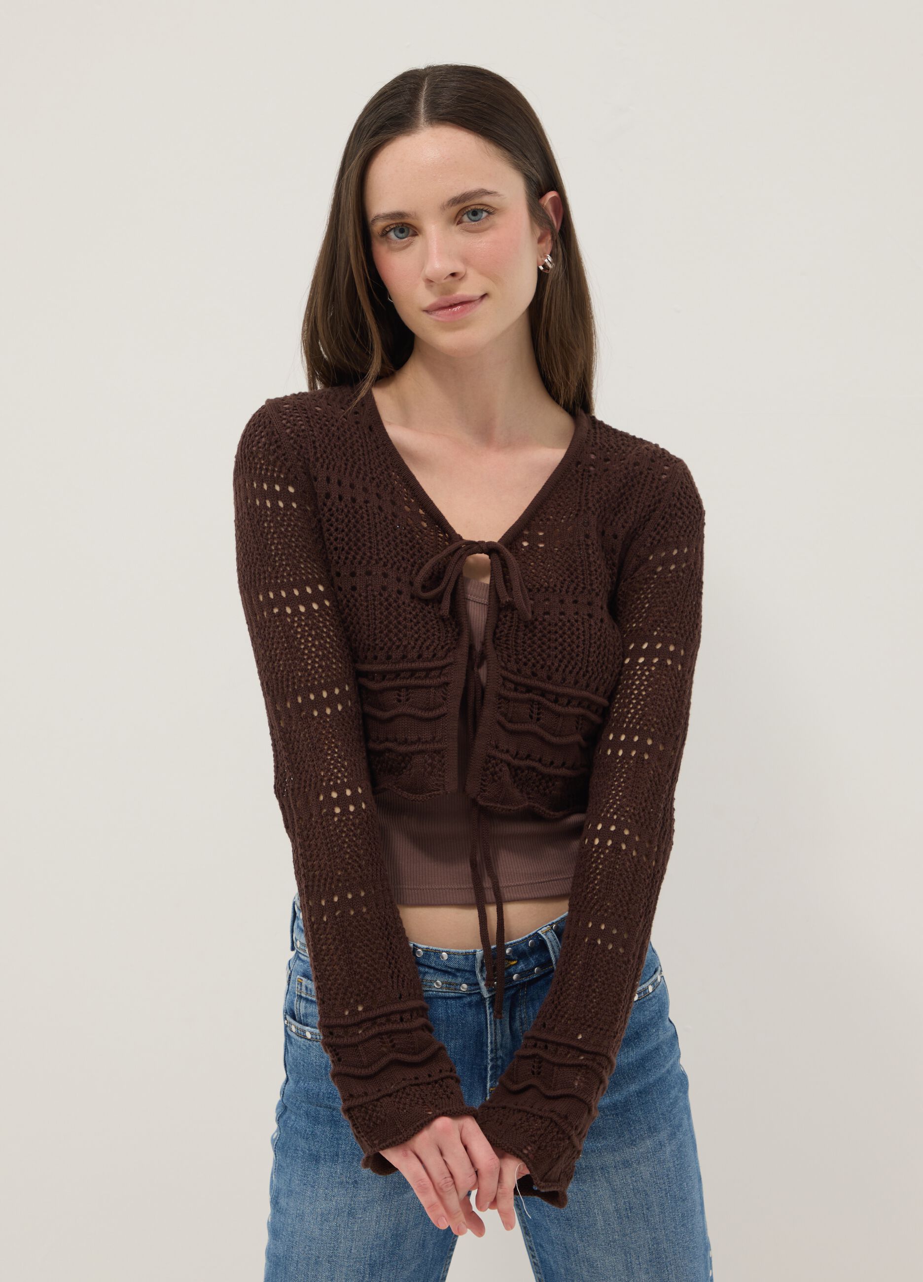 Brown pure cotton regular fit knitted deep V cardigan