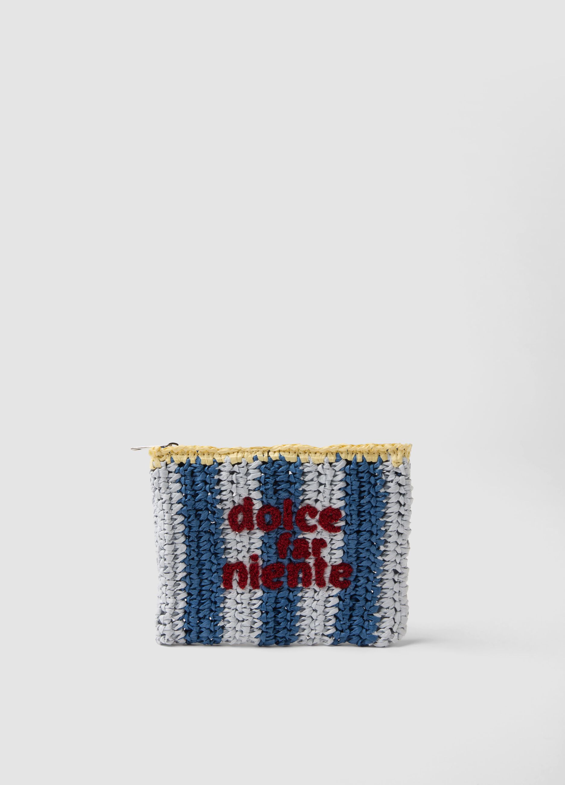 Multicolour clutch in pure woven paper fabric with slogan