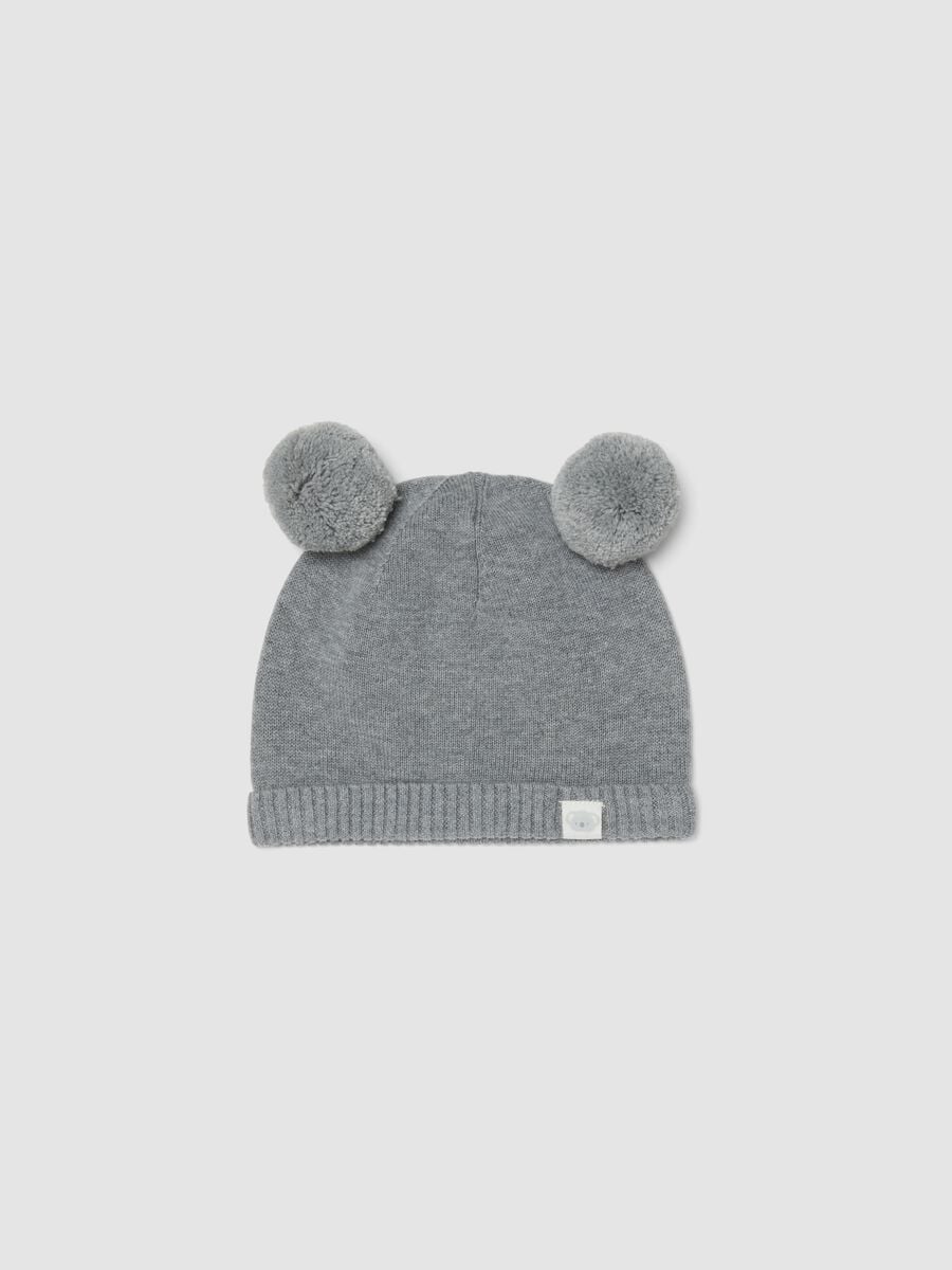 Cappello grigio in puro cotone organico con pompon per neonati_0