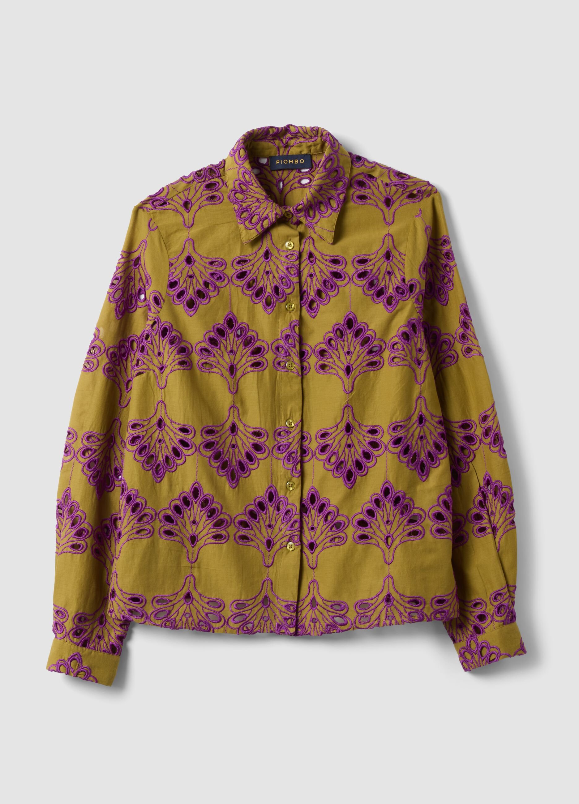 Multicolour pure cotton shirt with eyelet embroidery, regular fit