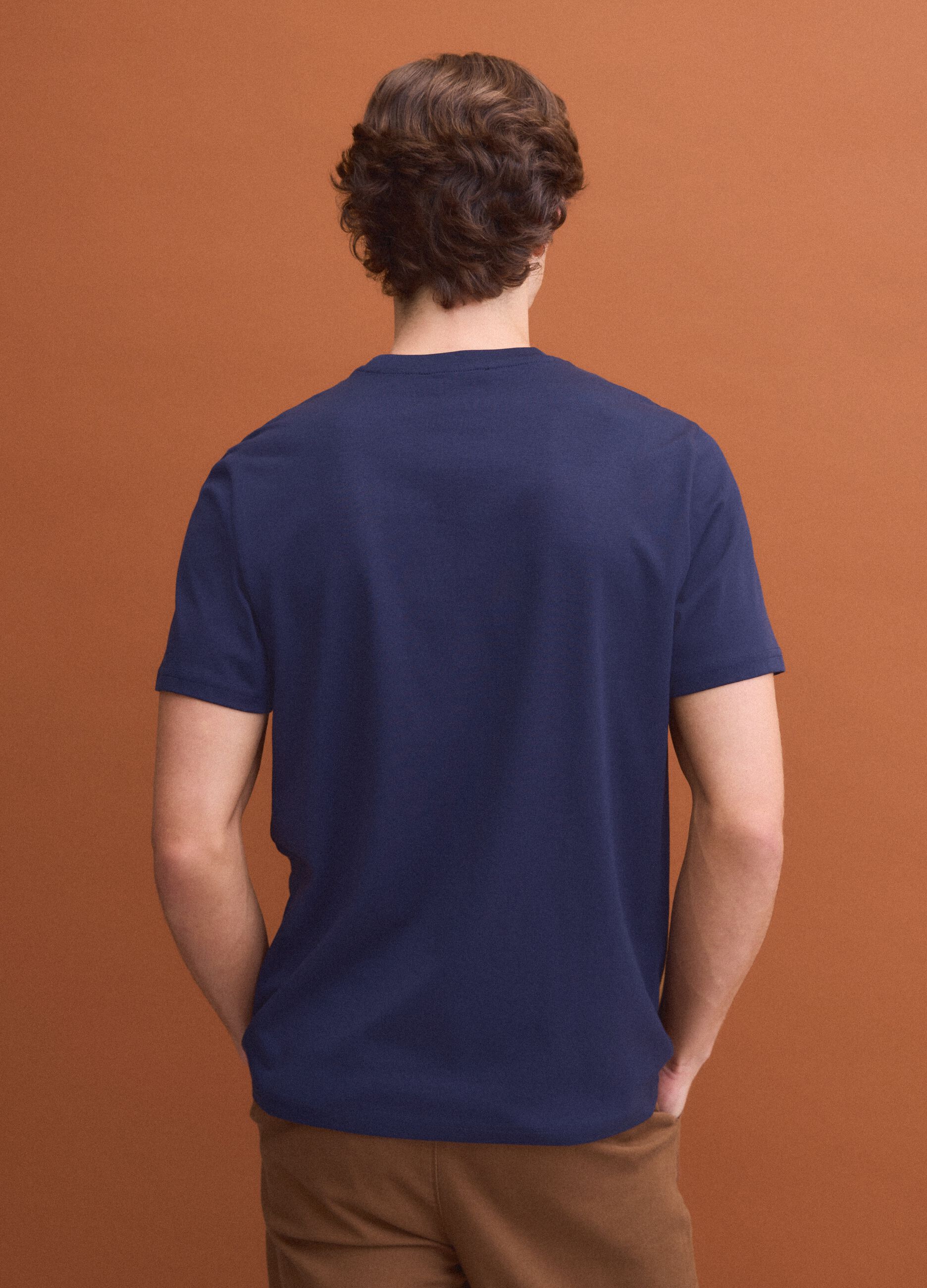 Blue pure cotton crew-neck T-shirt, regular fit