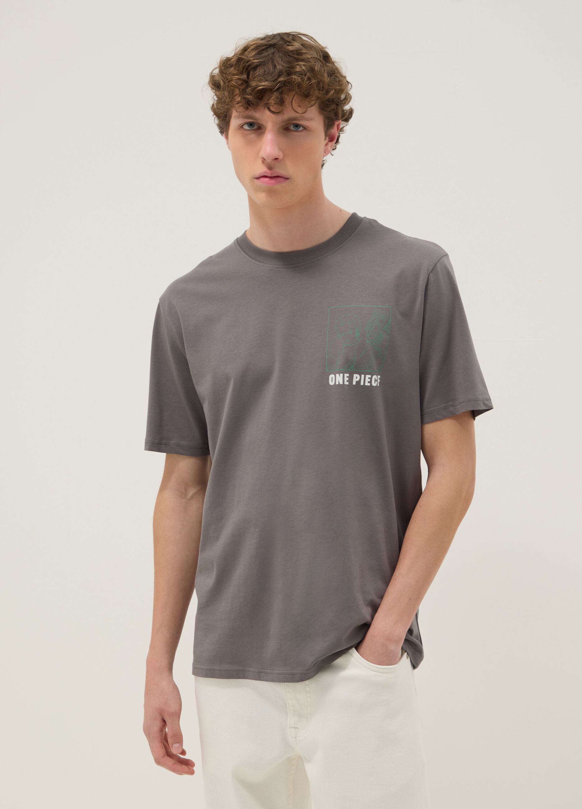 T-shirt grigia con stampa One Piece in puro cotone relaxed fit