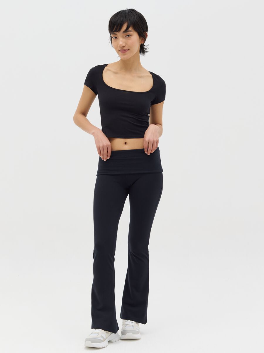 Black flare-fit leggings with striped fold at the waist_0