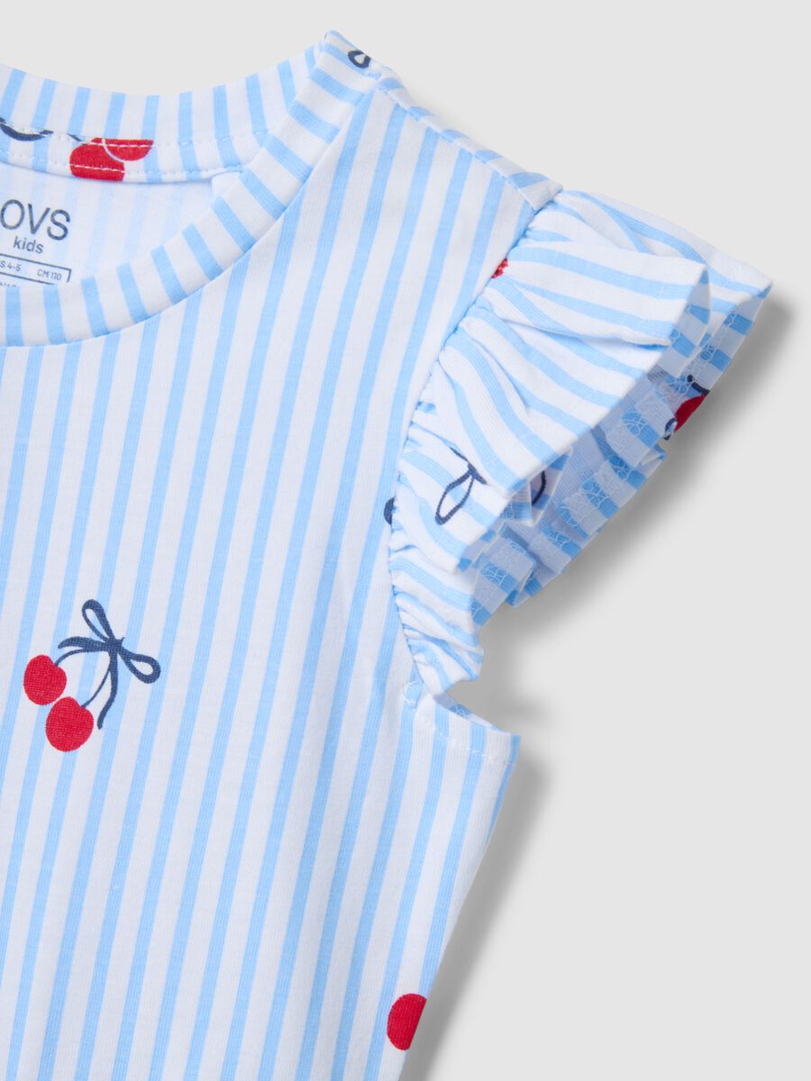 Pure cotton dress with blue stripes, ruffles and prints for girls_2