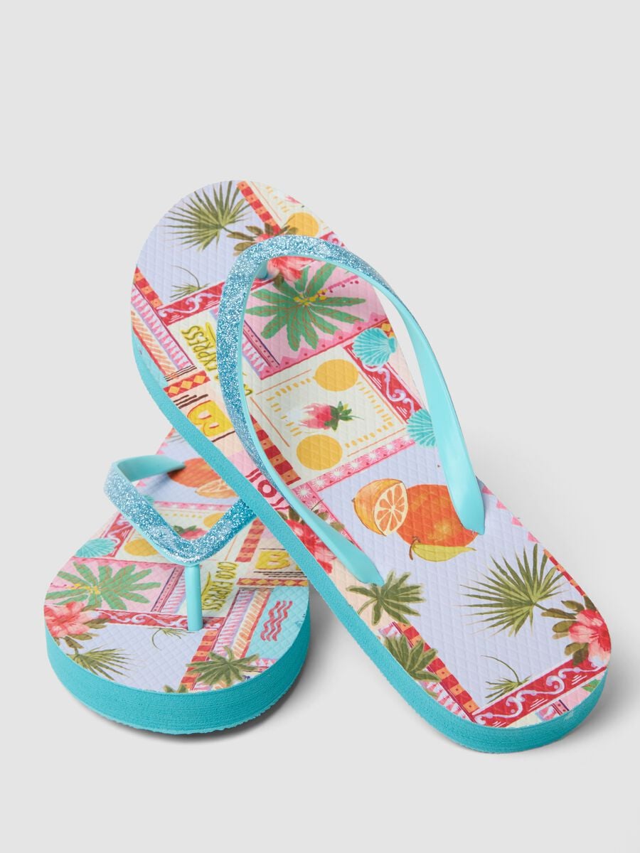 Blue multicolour tropical print flip-flops_2