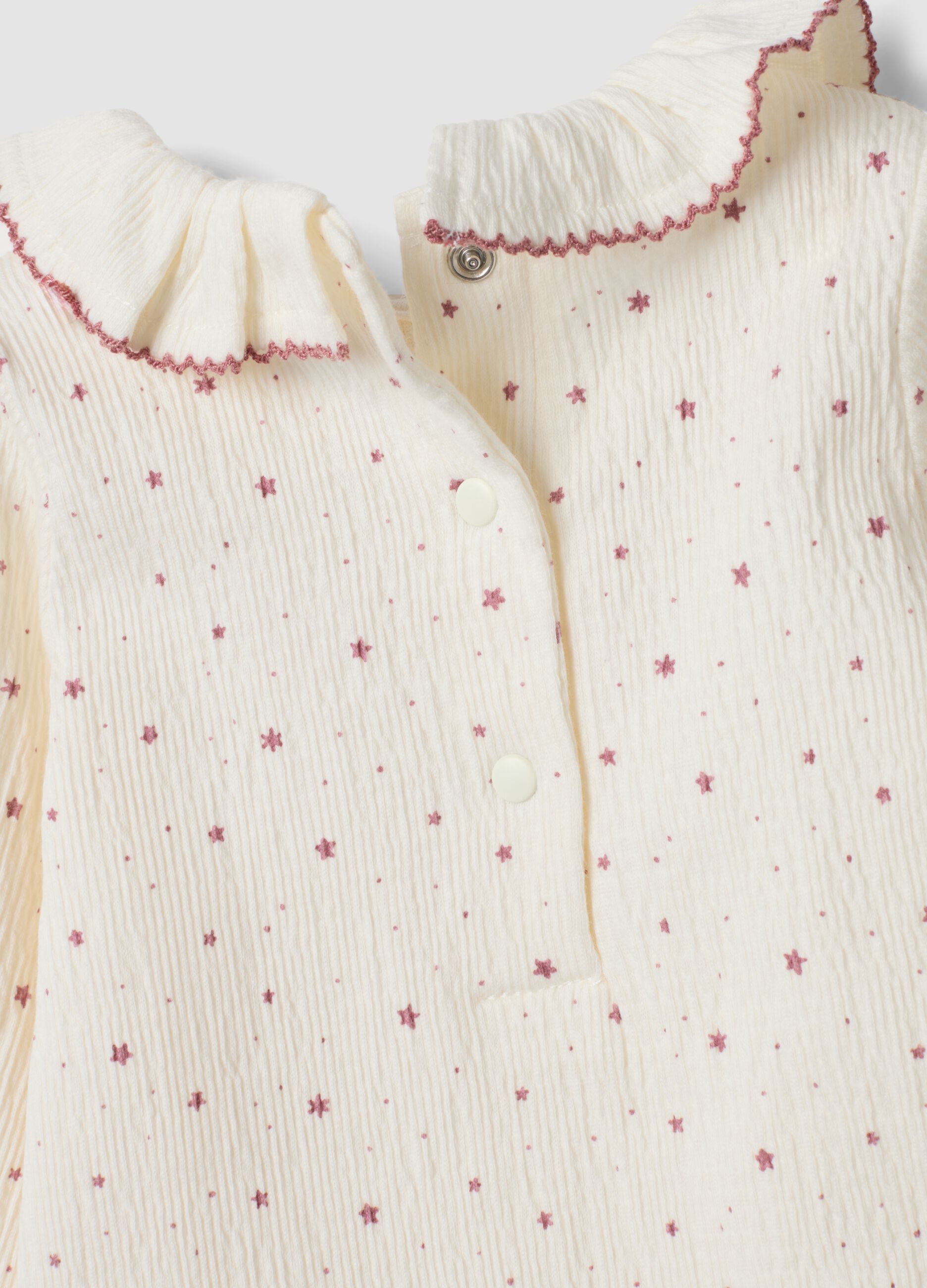 White bodysuit with ruffled collar in stretch organic cotton