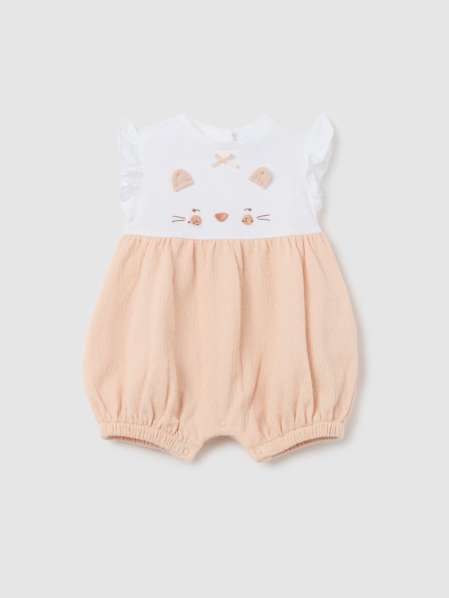 White and orange romper suit with kitten embroidery_0