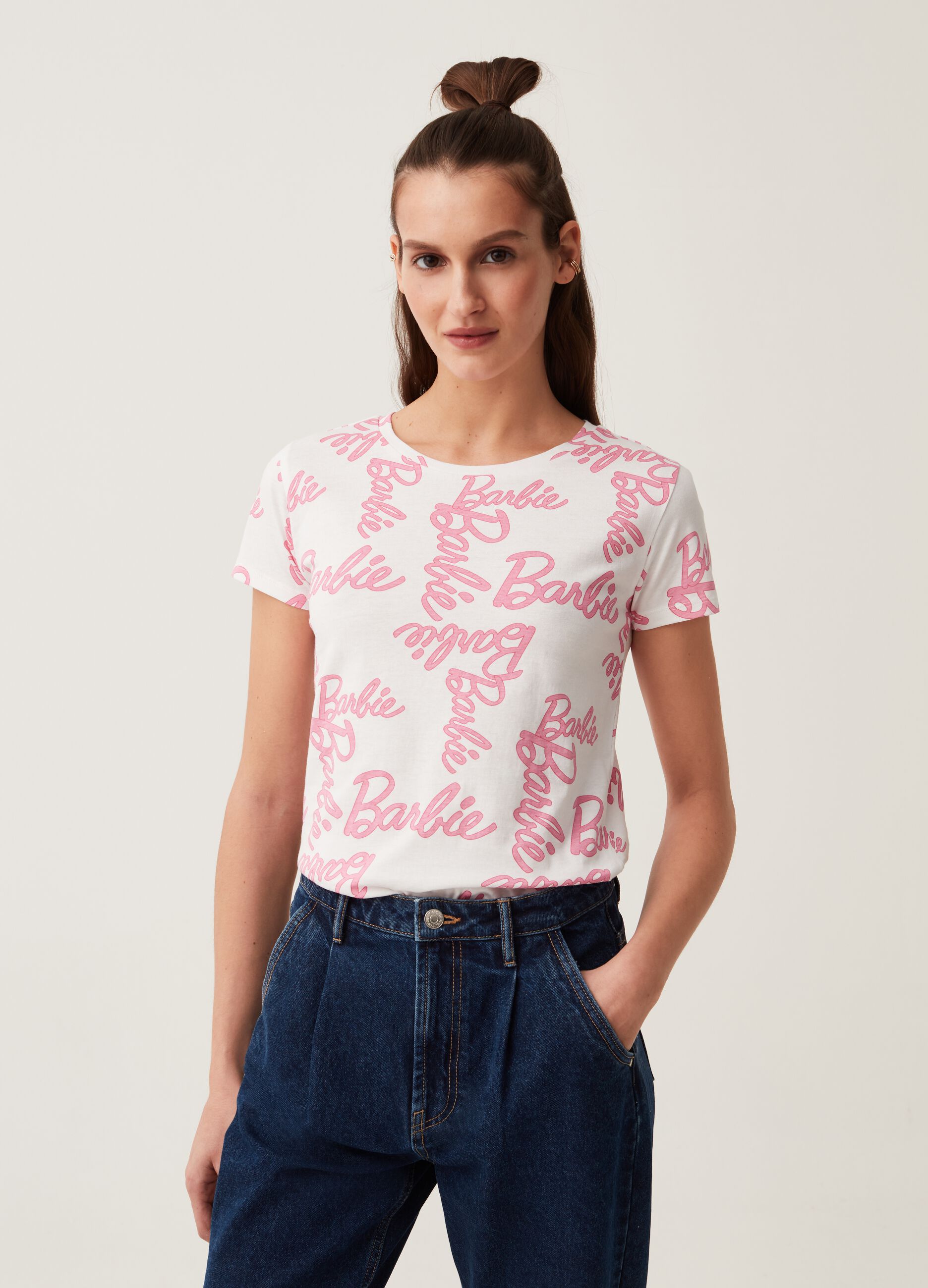 T shirt con stampa Barbie Mattel all over Bianco Rosa da Donna OVS