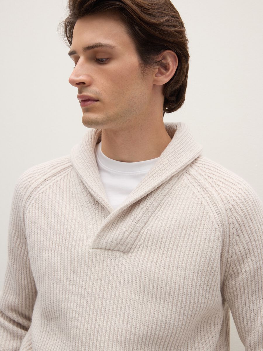 Beige Sweater with Shawl Collar in Wool Blend_3