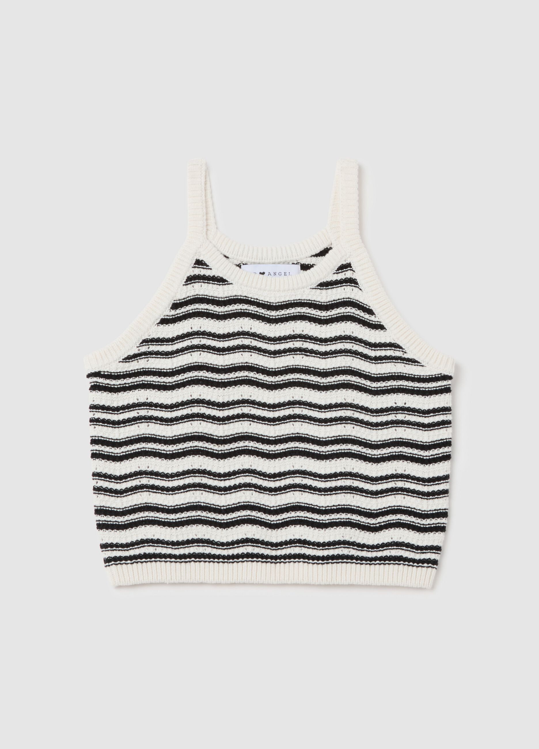 White and black striped cotton knit cropped top
