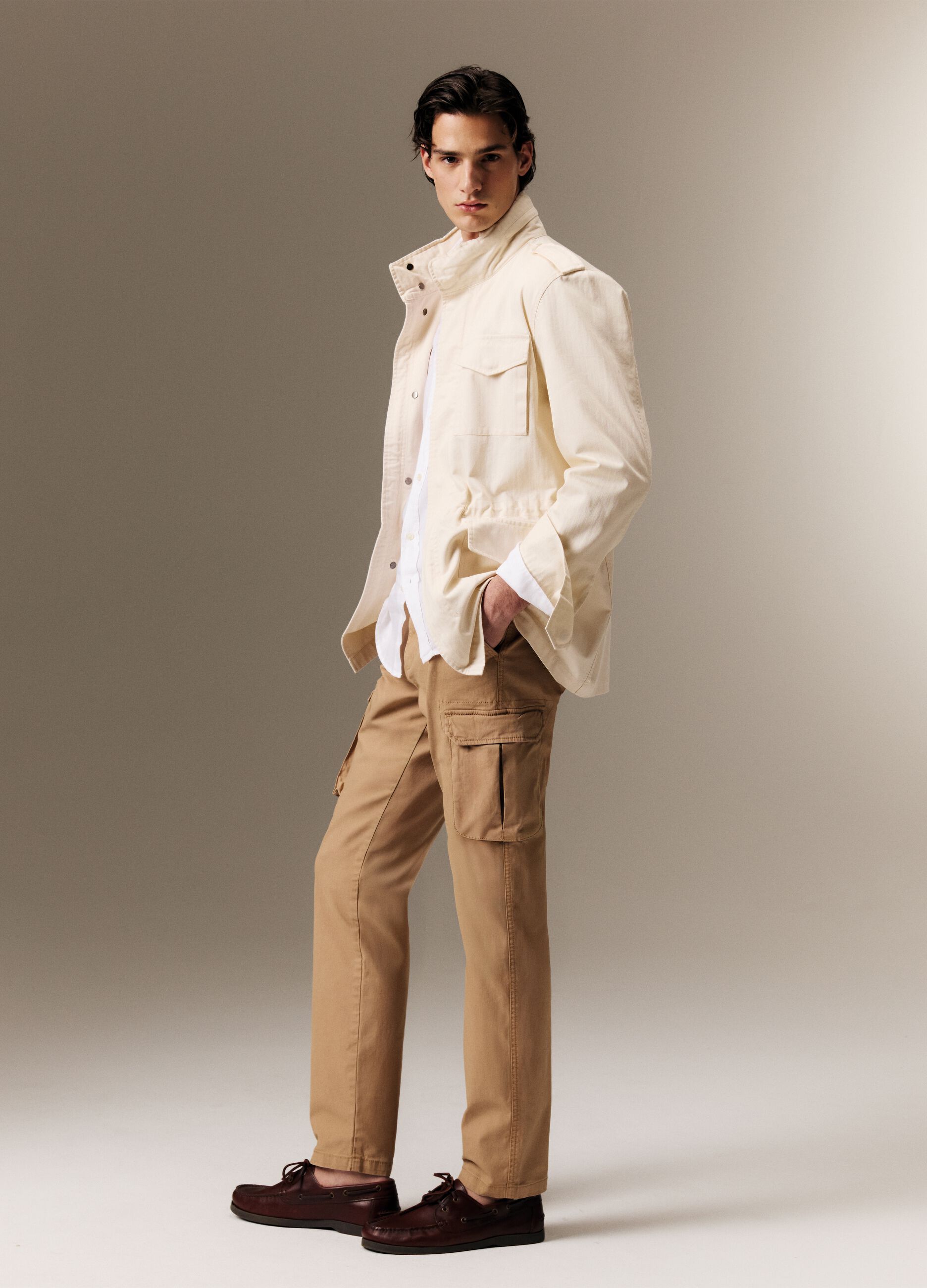 Beige stretch cotton slim fit cargo trousers