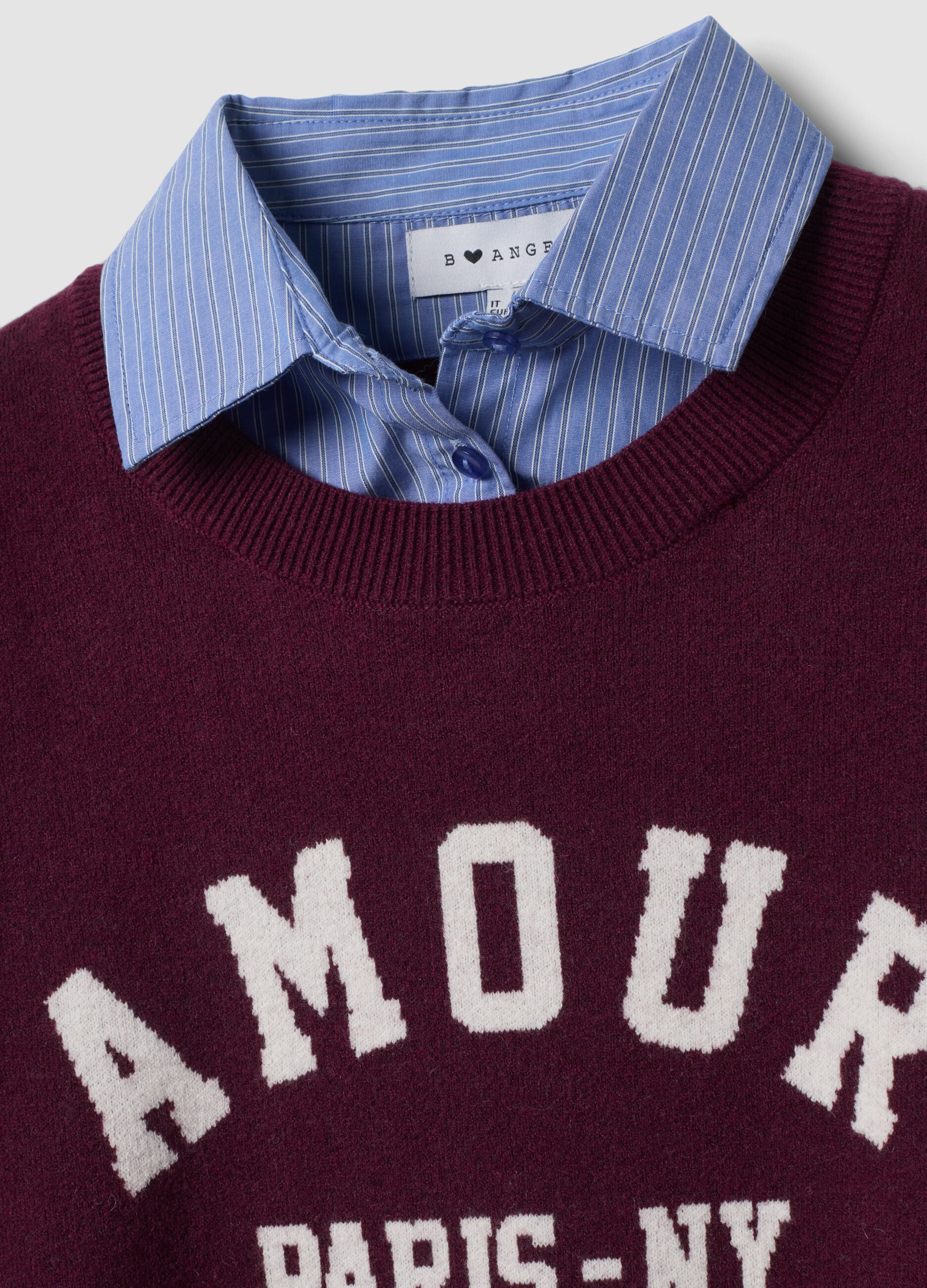 Purple viscose and wool-blend jumper with V-neck and shirt insert