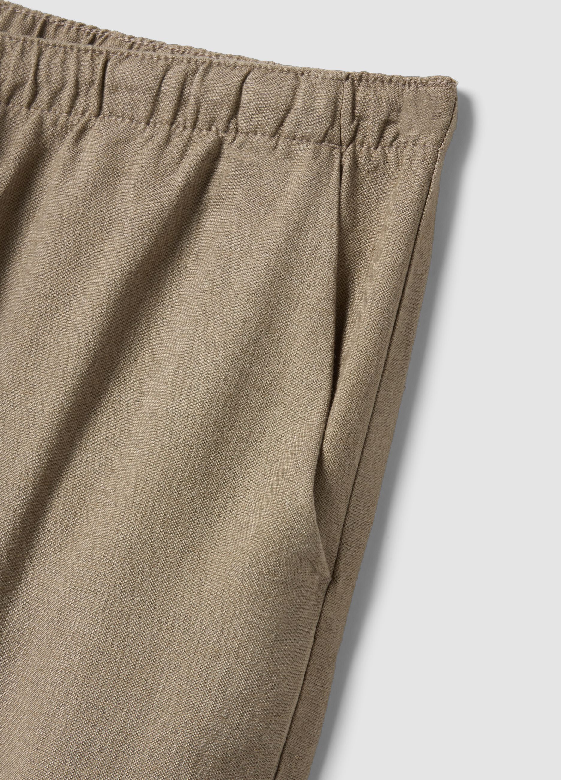 Beige viscose and linen blend straight-fit trousers with drawstring