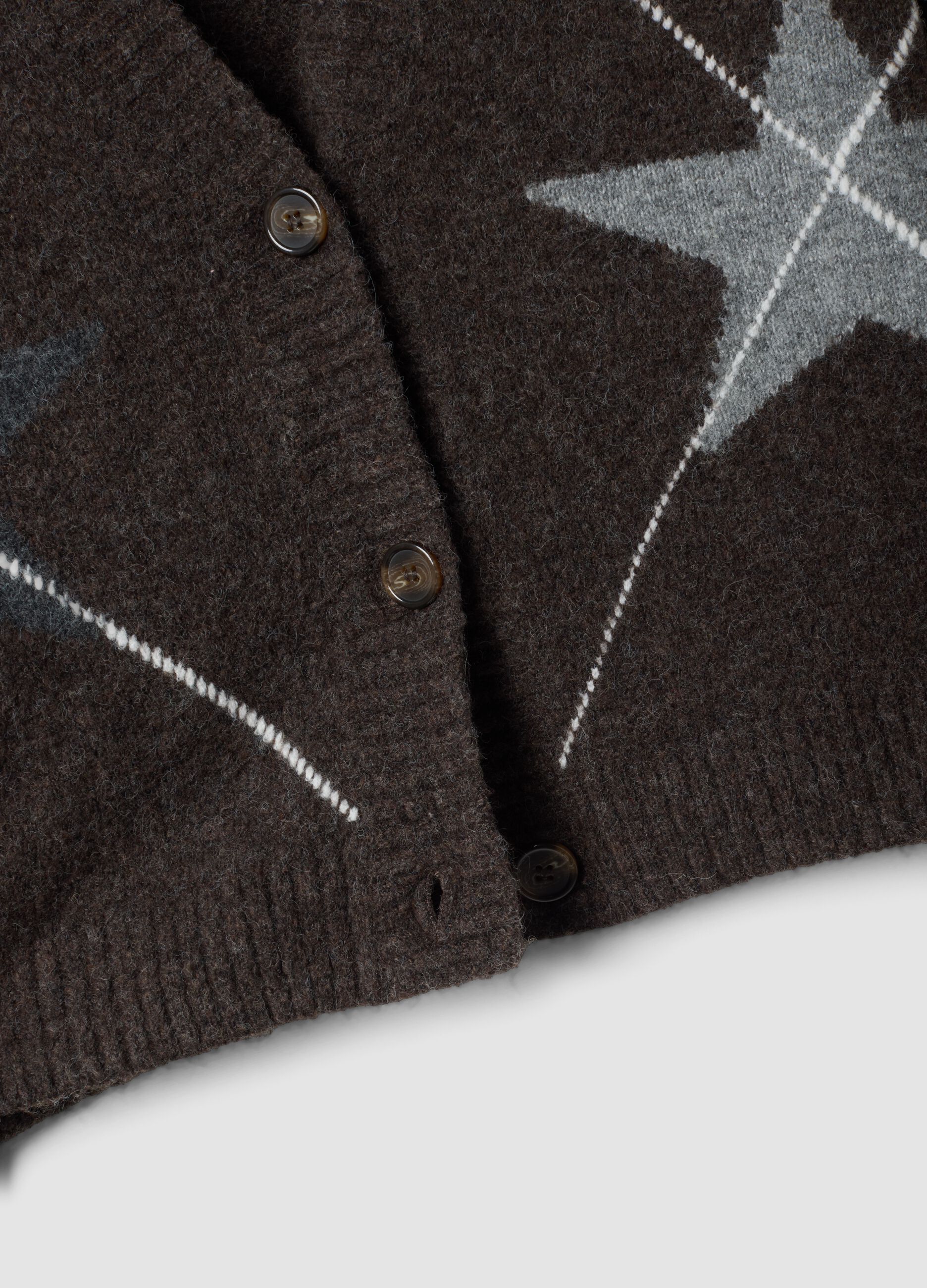 Brown stretch-wool cardigan with deep V-neck, oversized fit