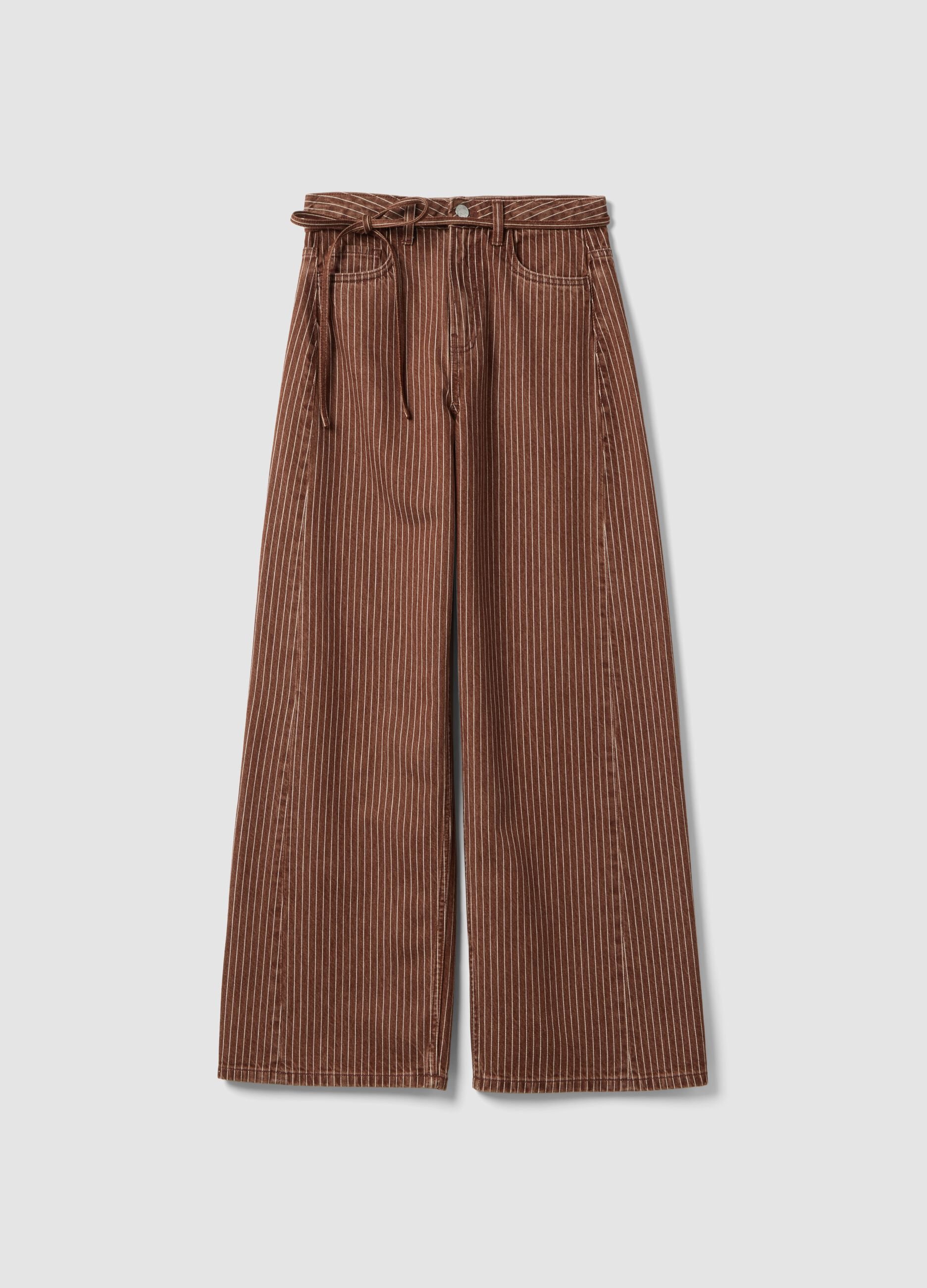 Brown striped wide-leg trousers in pure cotton