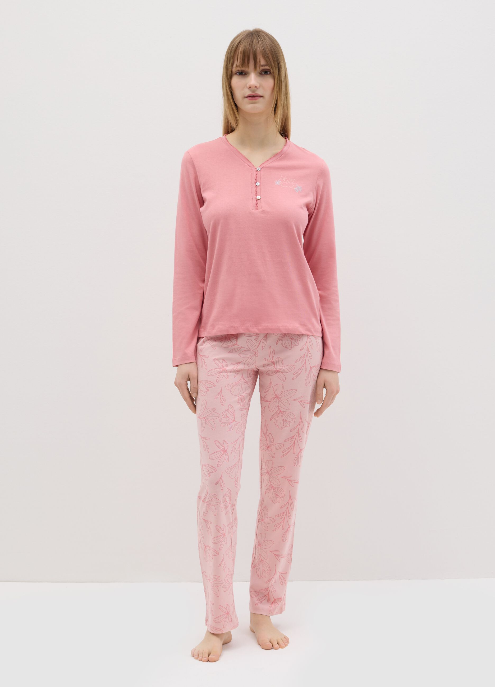Pigiama in cotone rosa con scollo serafino e stampa