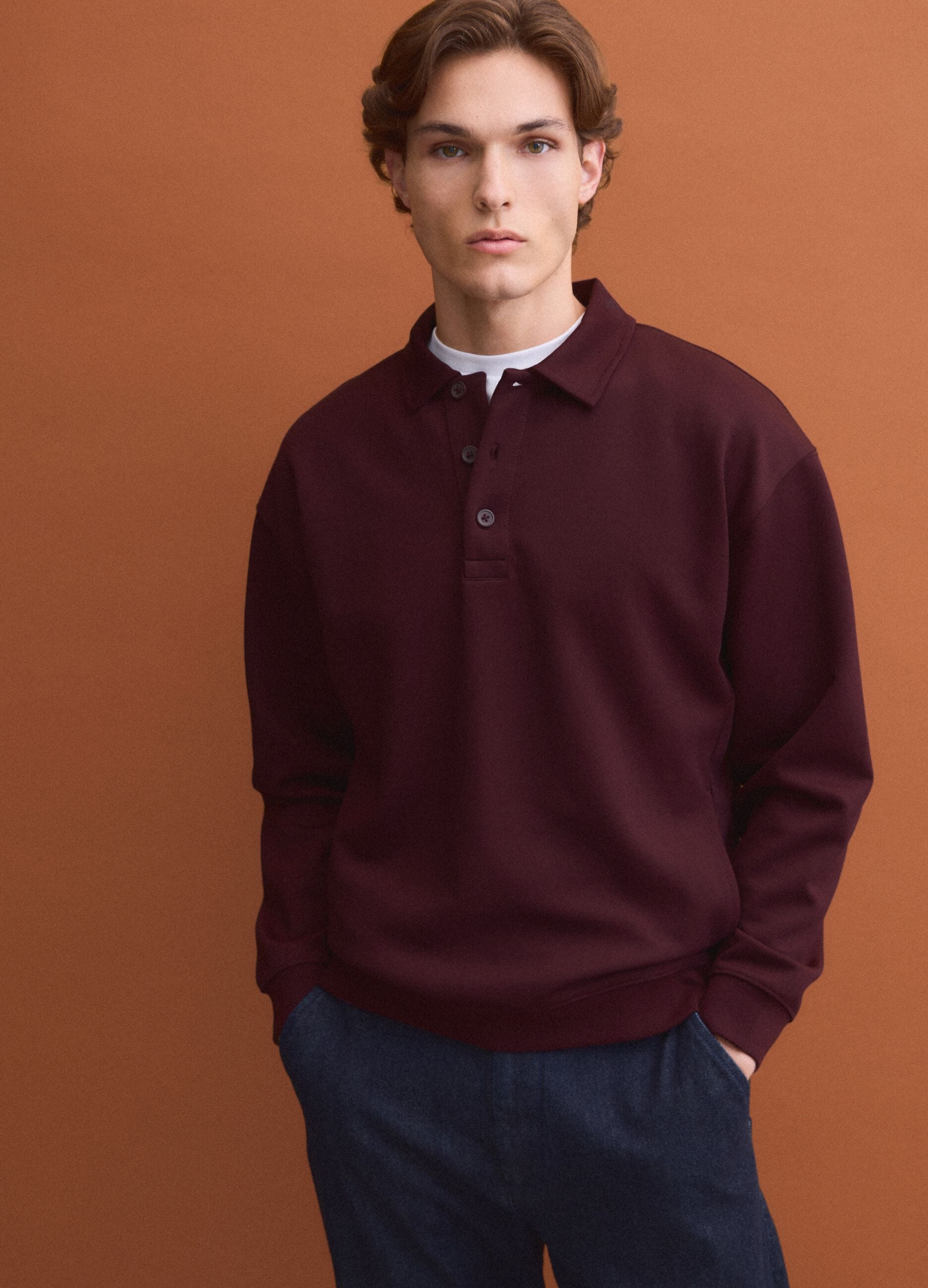 Brown stretch polo-collar sweatshirt, relaxed fit