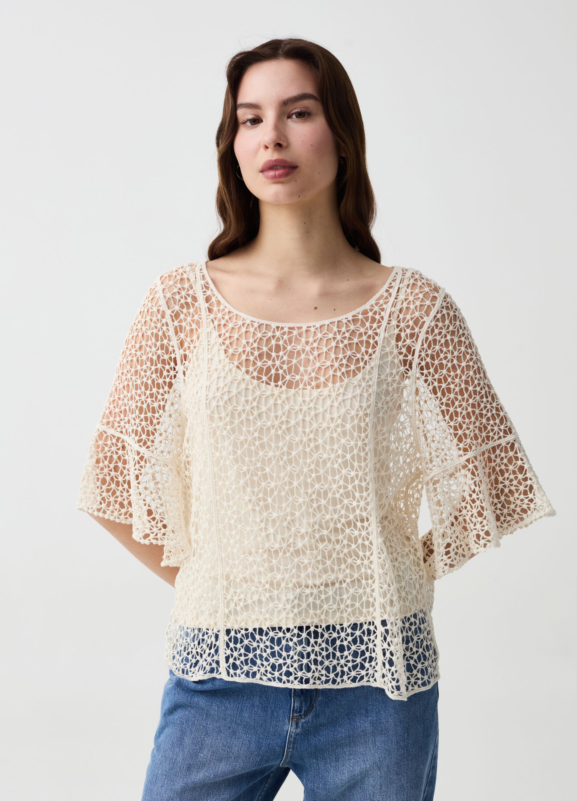Ovs Top crochet con maniche al gomito