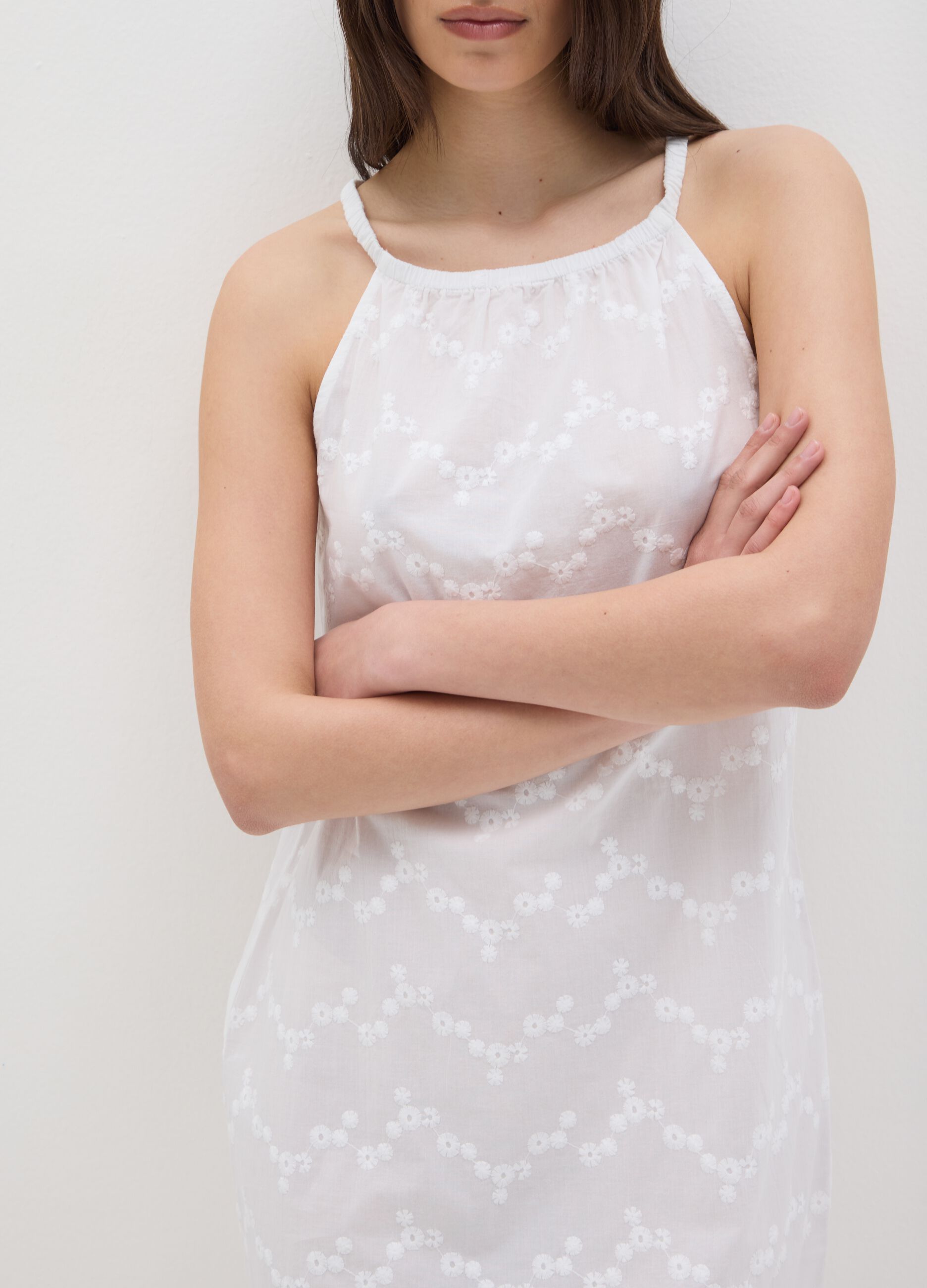 Women's Short Dress in Pure White Cotton with Embroidery