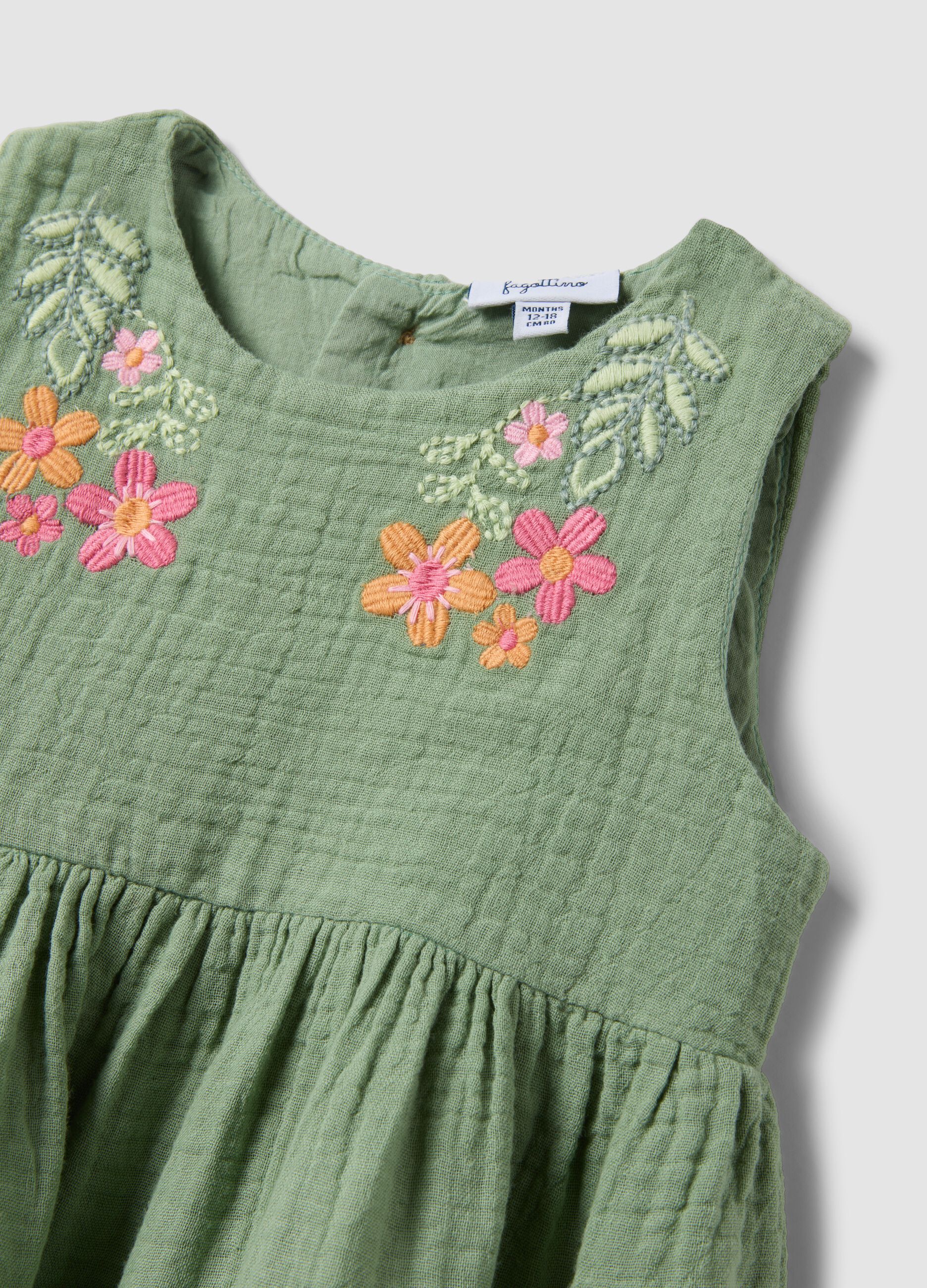 Green pure cotton mini dress with floral embroidery