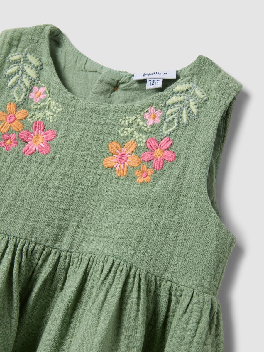 Green pure cotton mini dress with floral embroidery_2
