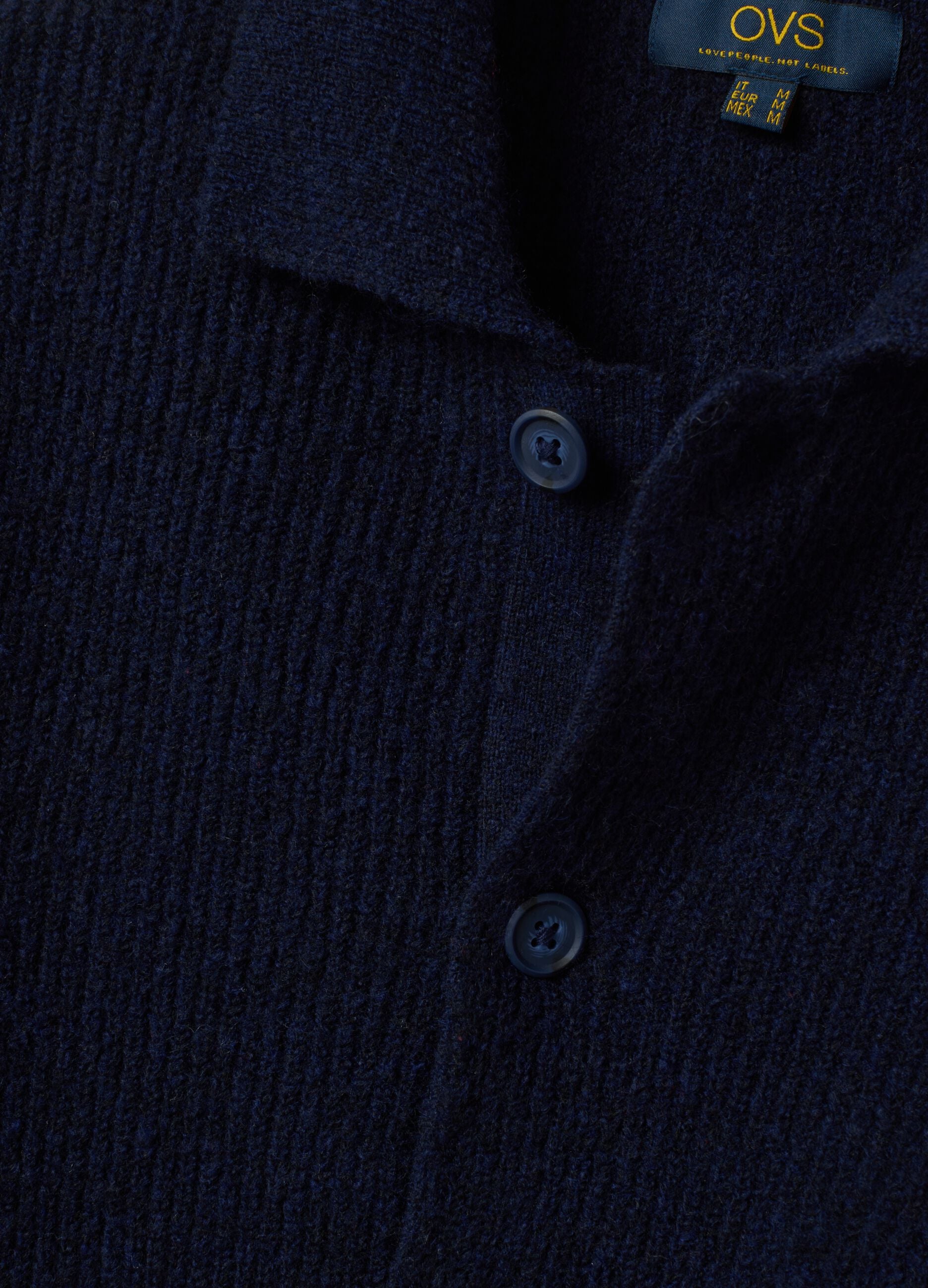 Navy blue stretch wool cardigan with polo collar