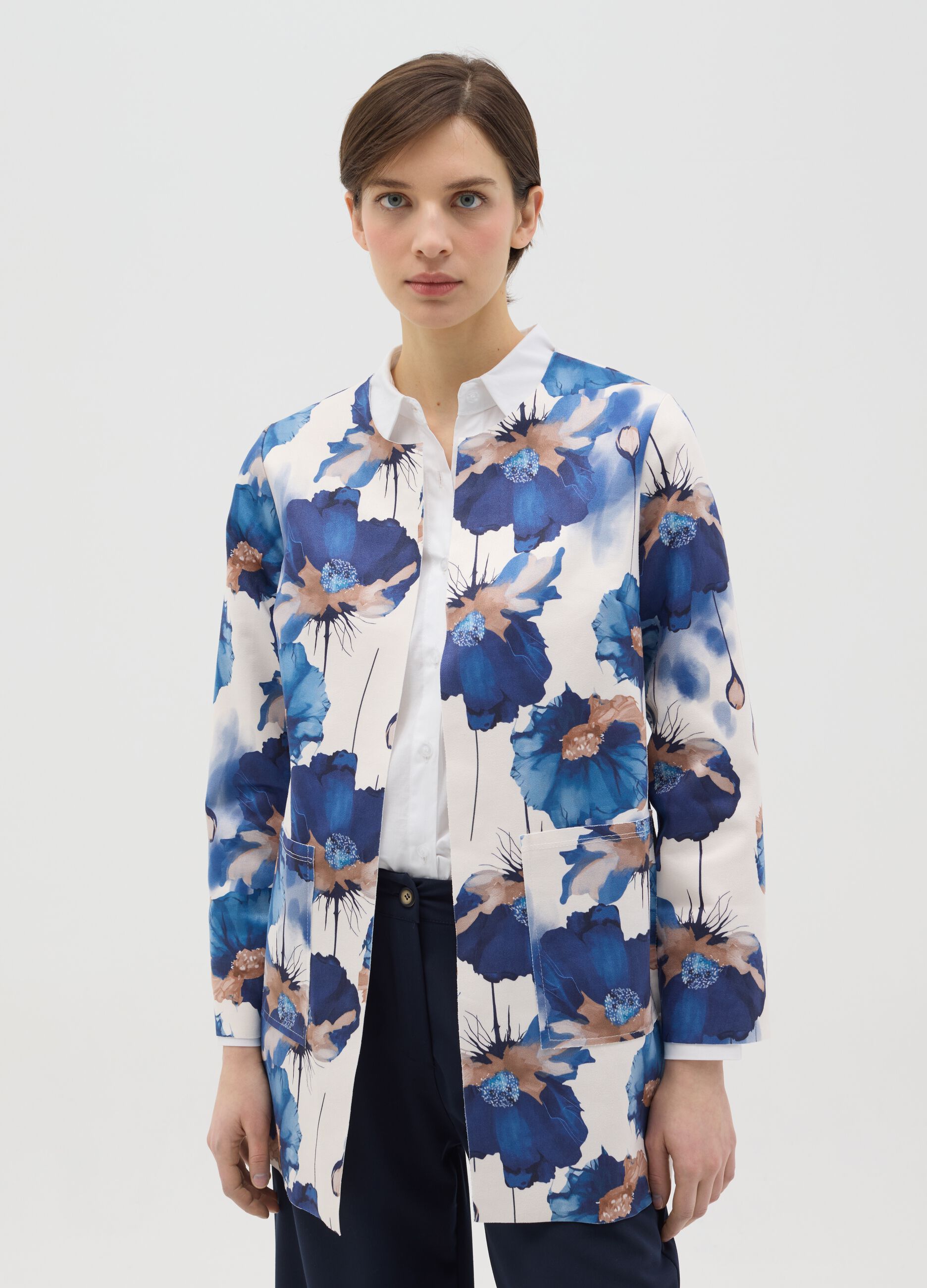 Long white and blue open jacket with flowers