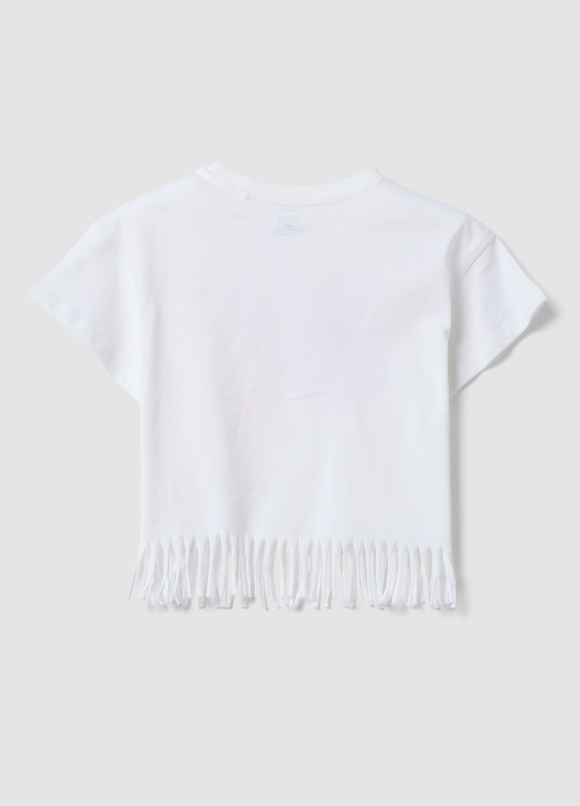 White pure cotton T-shirt with floral print and fringed hem