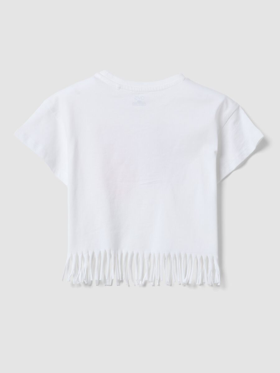 White pure cotton T-shirt with floral print and fringed hem_1