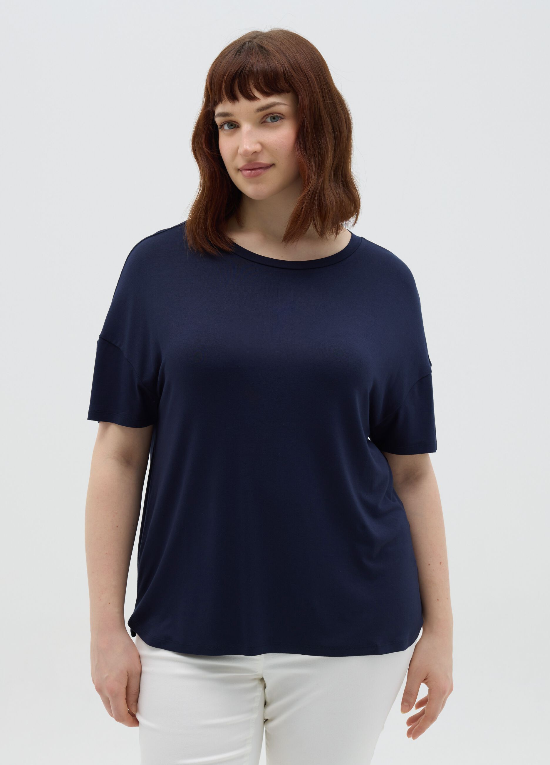 Curvy blue regular-fit T-shirt in stretch viscose
