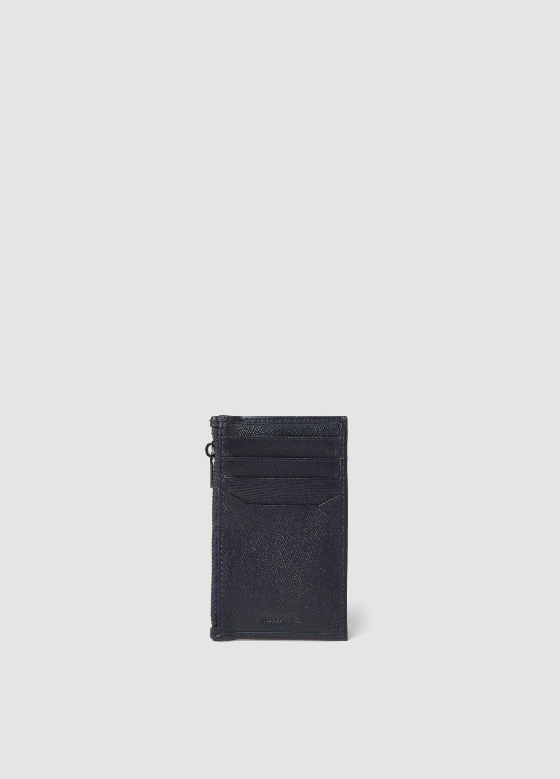 Blue genuine leather card holder with zip