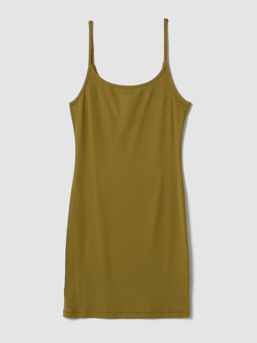 Green fitted ribbed stretch modal dress with straps_0