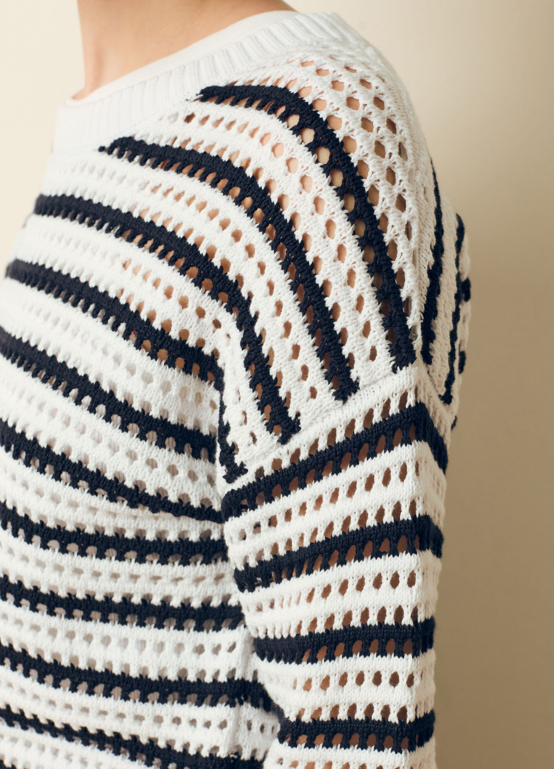 Striped pullover with openwork weave